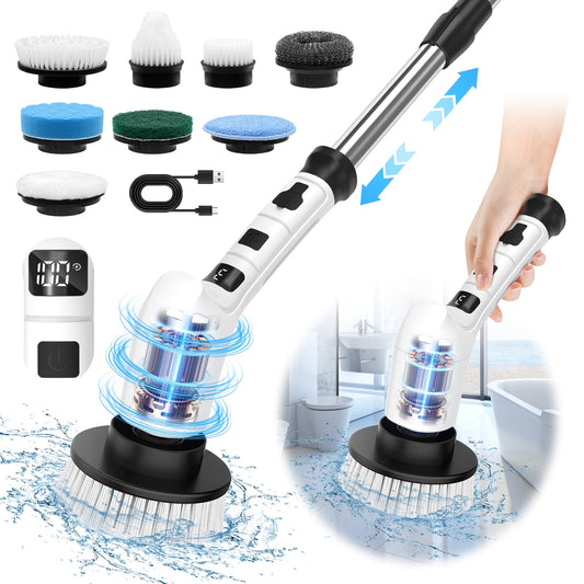 Lightweight Electric Spin Scrubber, Adjustable Handle, 3 Speed Mode Power Electric Scrubber for Cleaning, Cordless Shower Cleaning Brush with 8 Brush Heads for Bathroom, Tub, Floor, Tile (White)