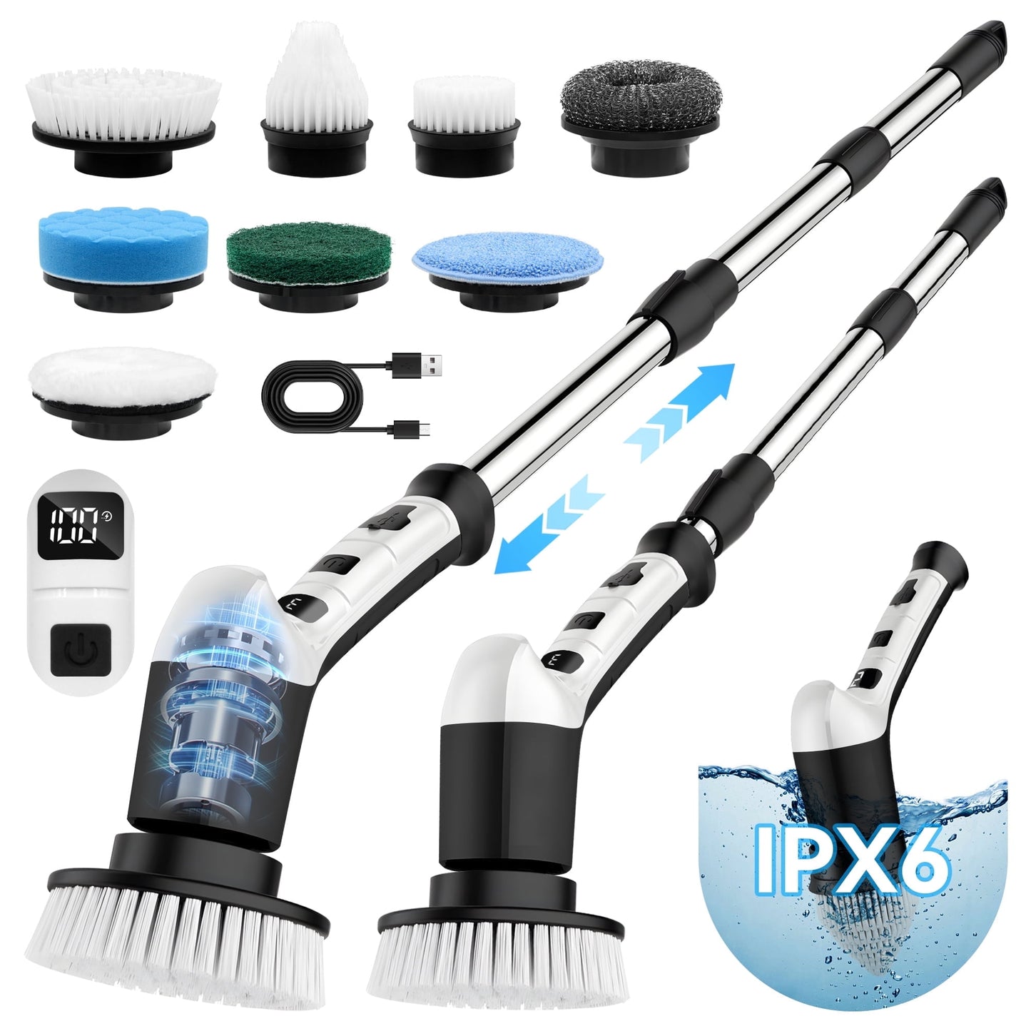 Electric Spin Scrubber, Extension Handle, 3 Speed Mode Power Electric Scrubber for Cleaning, Cordless Shower Cleaning Brush with 8 Brush Heads for Bathroom,Tub,Floor,Tile(Black-White)