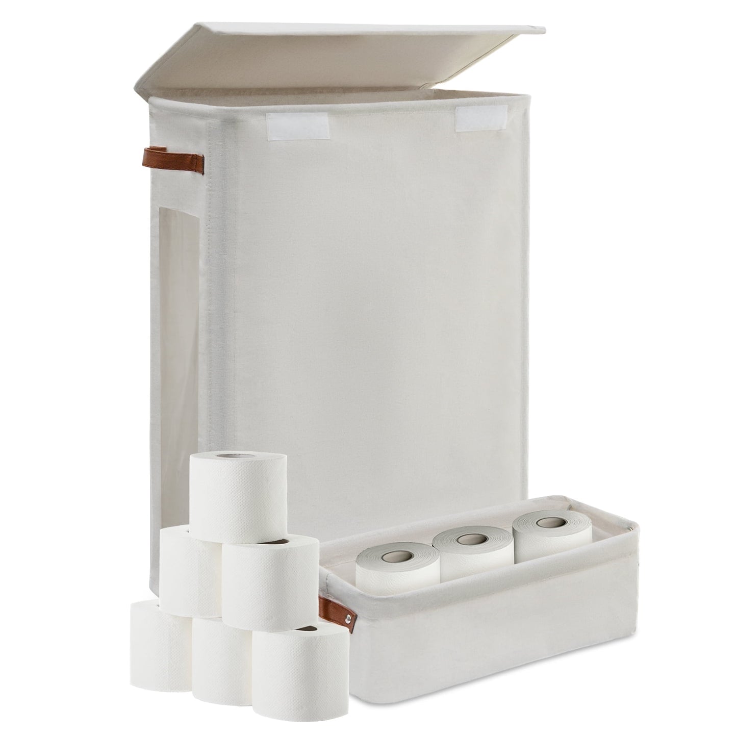 2-Piece Set Toilet Paper Storage Basket with Wheels, Extra Large Free Standing Paper Roll Basket for Home, Toilet Paper Containers for up to 20+ Regular Rolls (Beige)