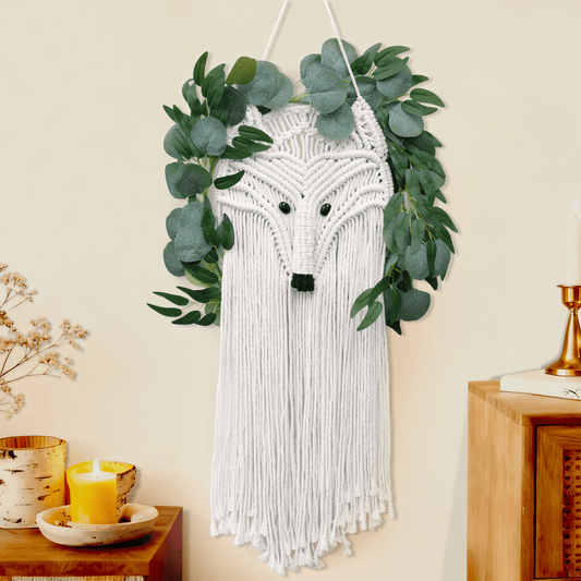 Bohemian Macrame Fox Wall Hanging - 100% Cotton Hand-Woven Tapestry with Leaf Accents, Perfect for Bedroom, Living Room, Hallway & Gallery Decor, 31×15 Inch, White