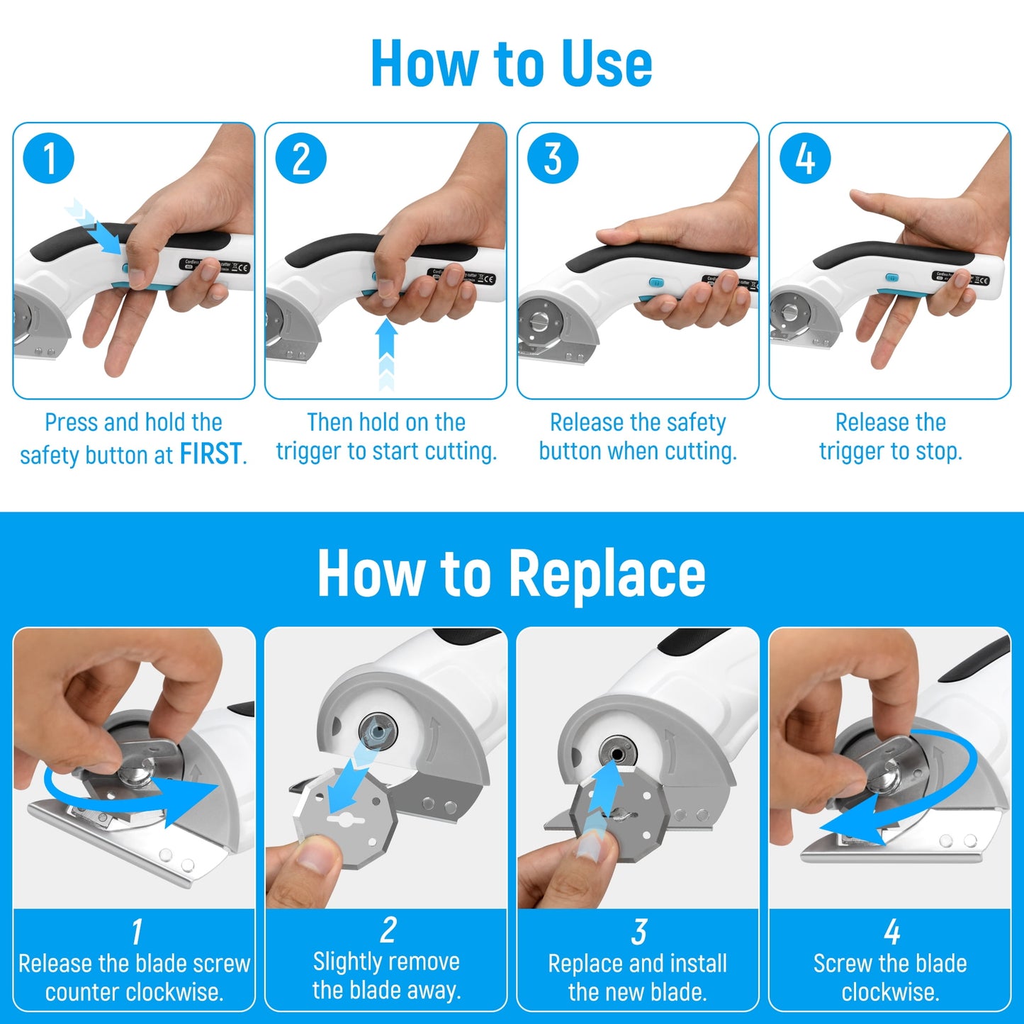 Tidymend Cordless Electric Scissors, 4V Rechargeable Cardboard Cutter with Tungsten Steel Replacement Blade, Rotary Cutter with Safety Lock for Fabric Carpet Leather Plastic Cutting (White)