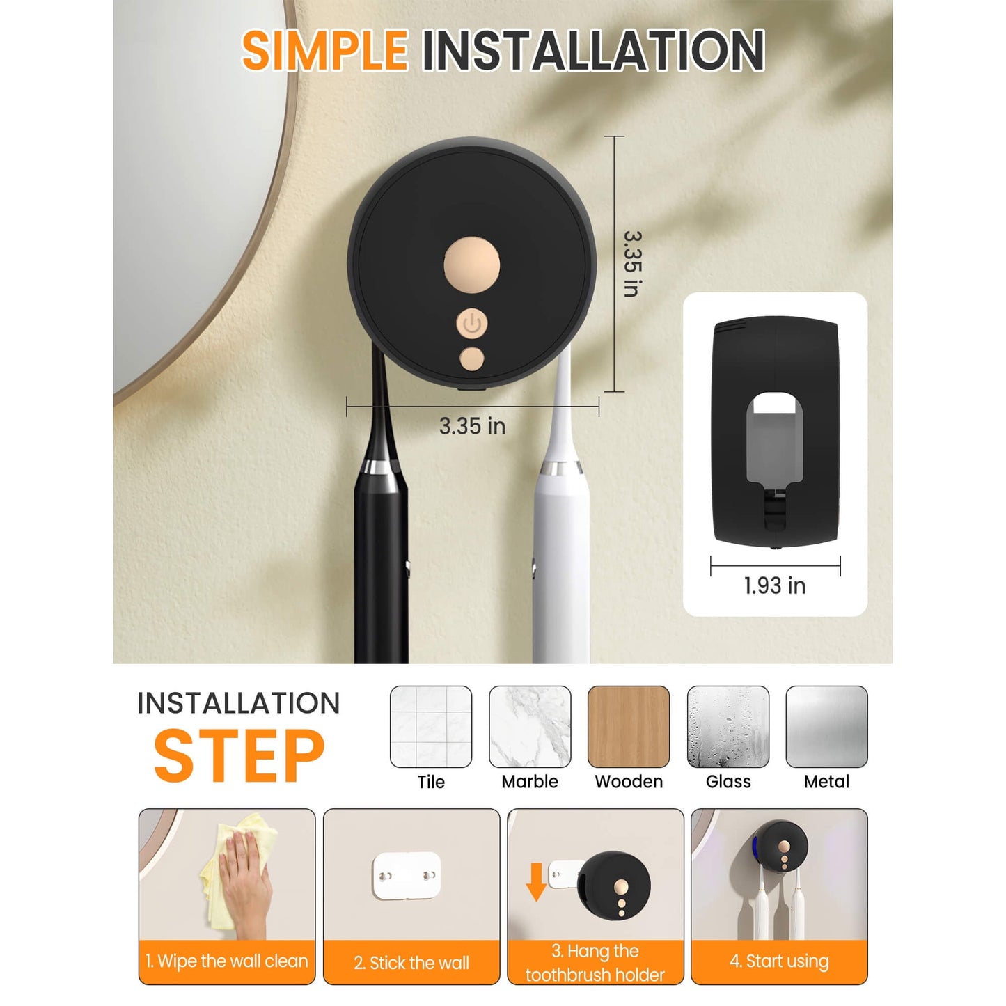 Sentryse Toothbrush Holder, Electric UV Toothbrush Cleaner, 2 Cups Tooth Brush Holder Wall Mounted Bathroom Decor, Black