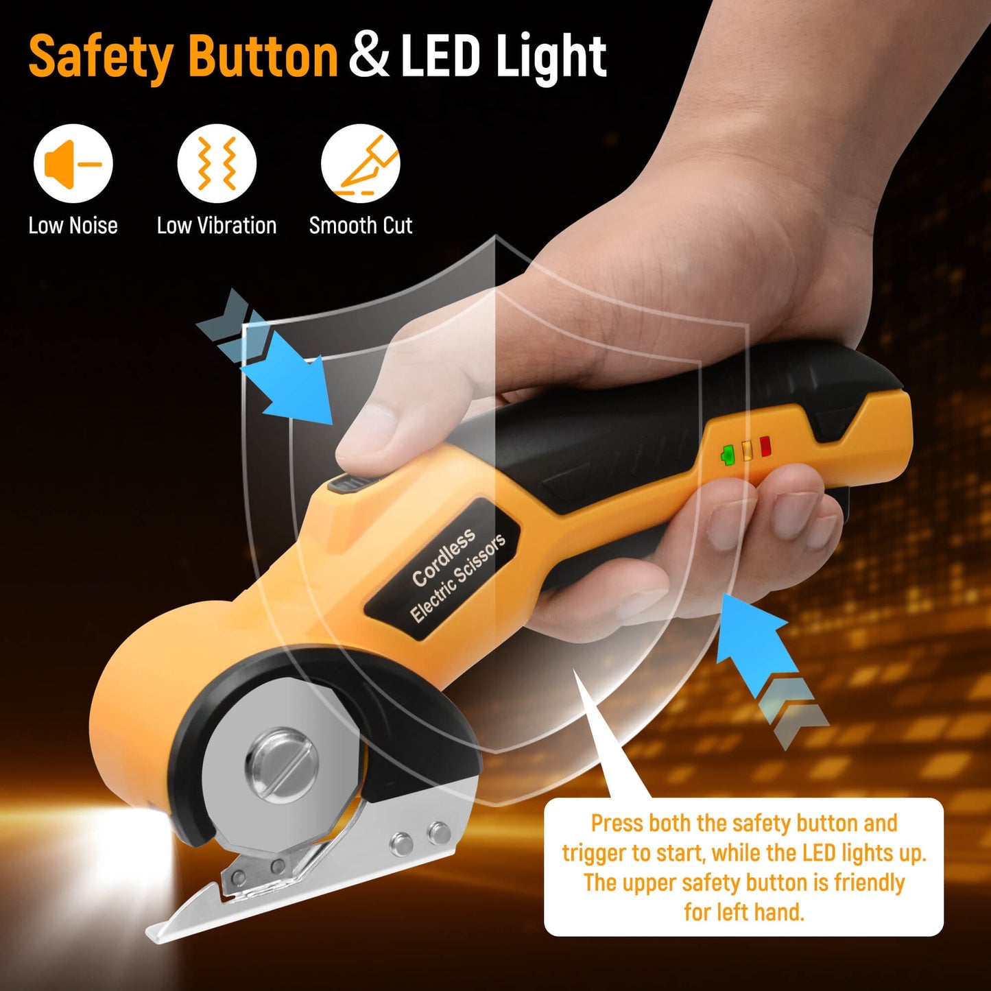Cordless Electric Scissors, 4V Rechargeable Cardboard Cutter with LED Light ＆ Replacement Blade, Rotary Cutter with Safety Lock for Fabric Carpet Leather Plastic Cutting (Yellow)