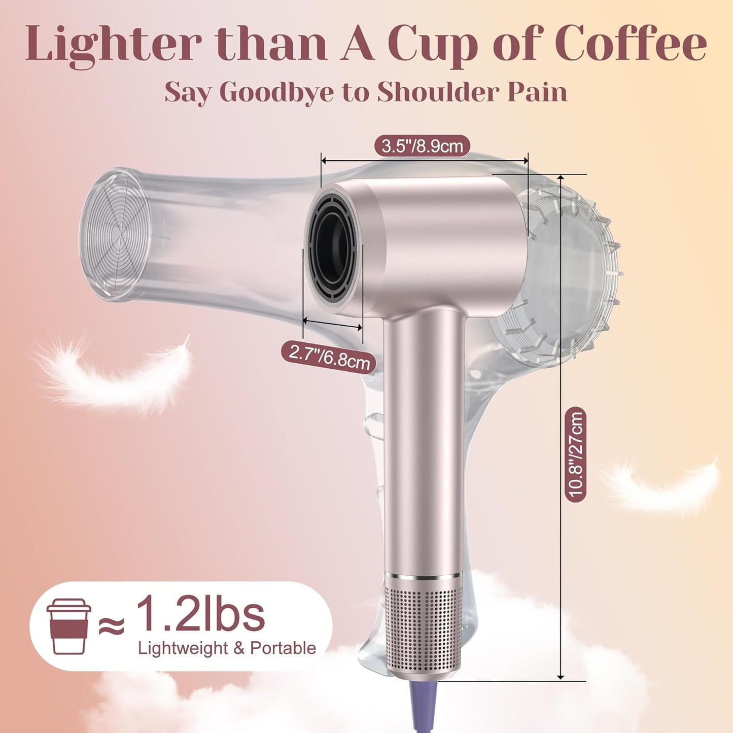 Hair Dryer, 110,000RPM High Speed Motor for Fast Drying, Low Noise Thermal Control Hair Dryer, Negative Ionic Blow Dryer for Women and Men (Rose Gold)