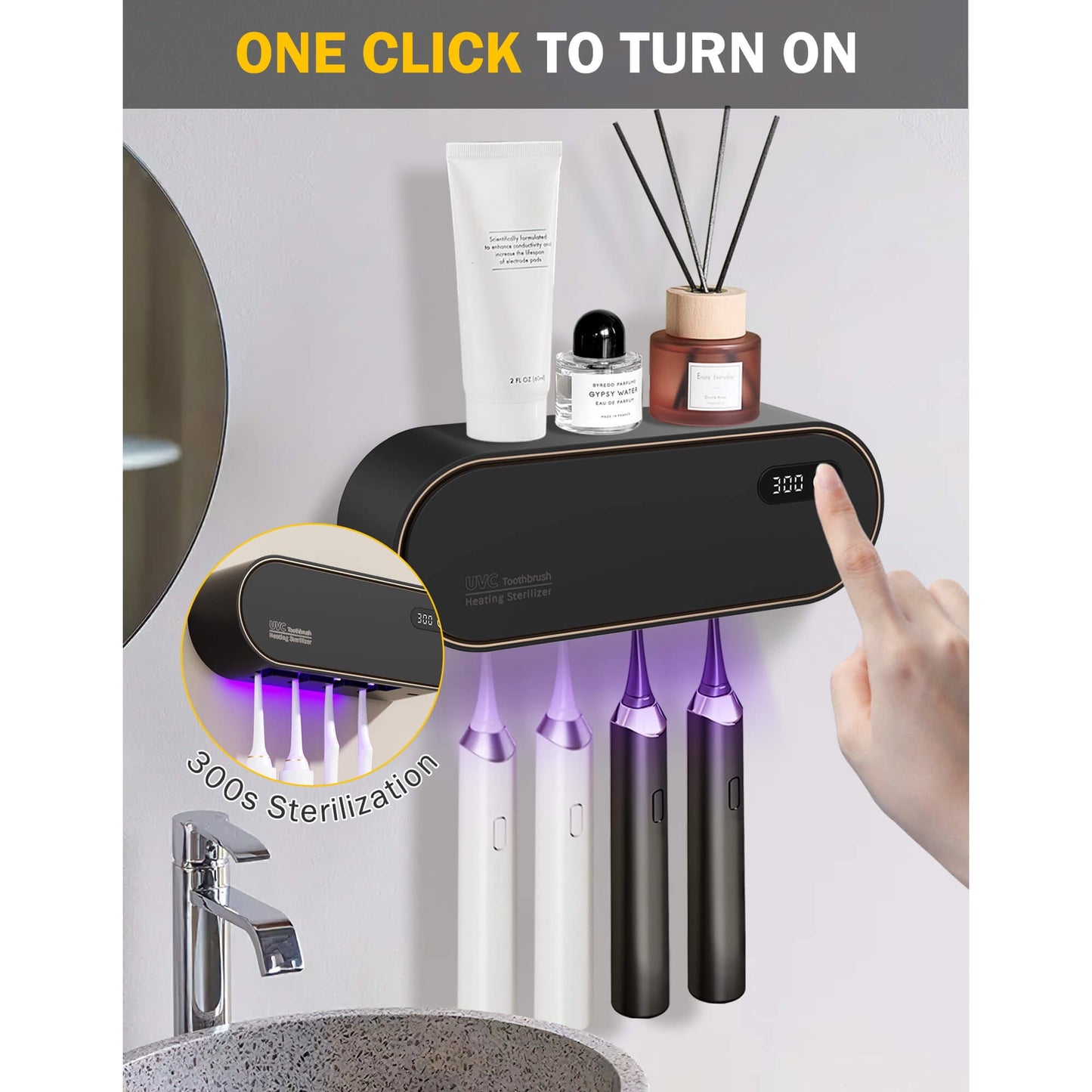 Sentryse Toothbrush Holders for Bathrooms, Rechargeable UV Toothbrush Sanitizer Holder, Wall Mounted 4 Slot, 1 Pack