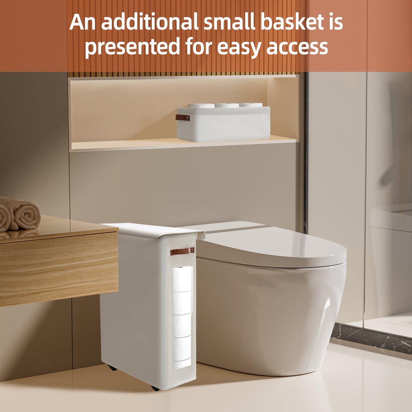 2-Piece Set Toilet Paper Storage Basket with Wheels, Extra Large Free Standing Paper Roll Basket for Home, Toilet Paper Containers for up to 20+ Regular Rolls (Beige)