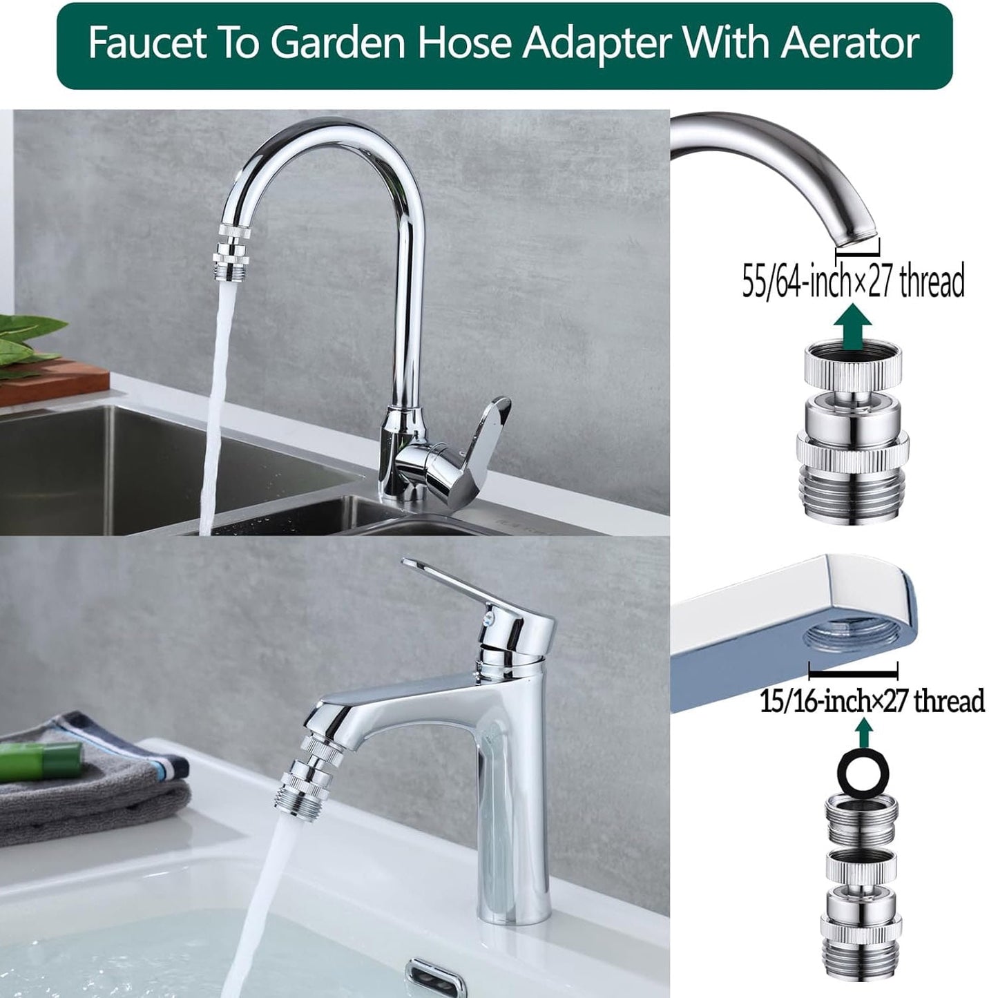 Sentryse Swivel Faucet Adapter Kit, Brass 3/4" Faucet to Garden Hose Adapter, Chrome Silver