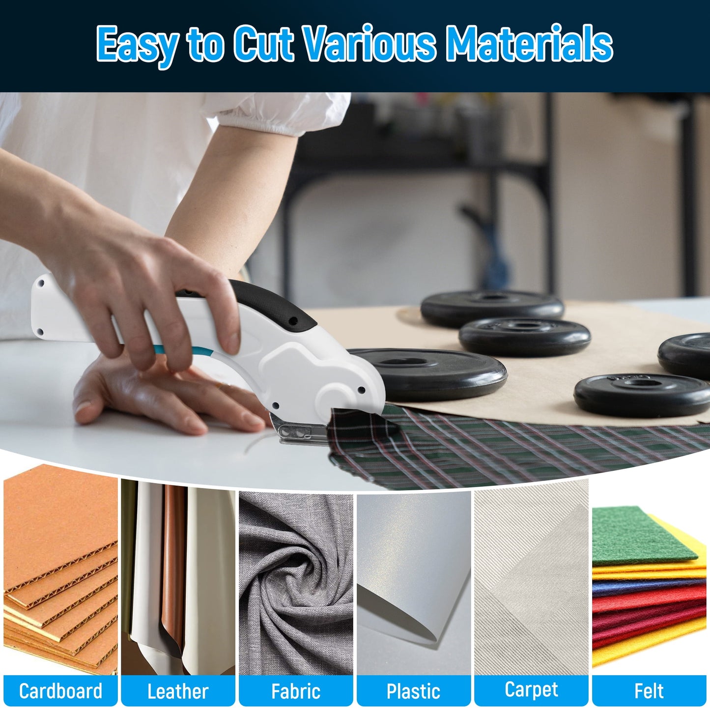 Tidymend Cordless Electric Scissors, 4V Rechargeable Cardboard Cutter with Tungsten Steel Replacement Blade, Rotary Cutter with Safety Lock for Fabric Carpet Leather Plastic Cutting (White)