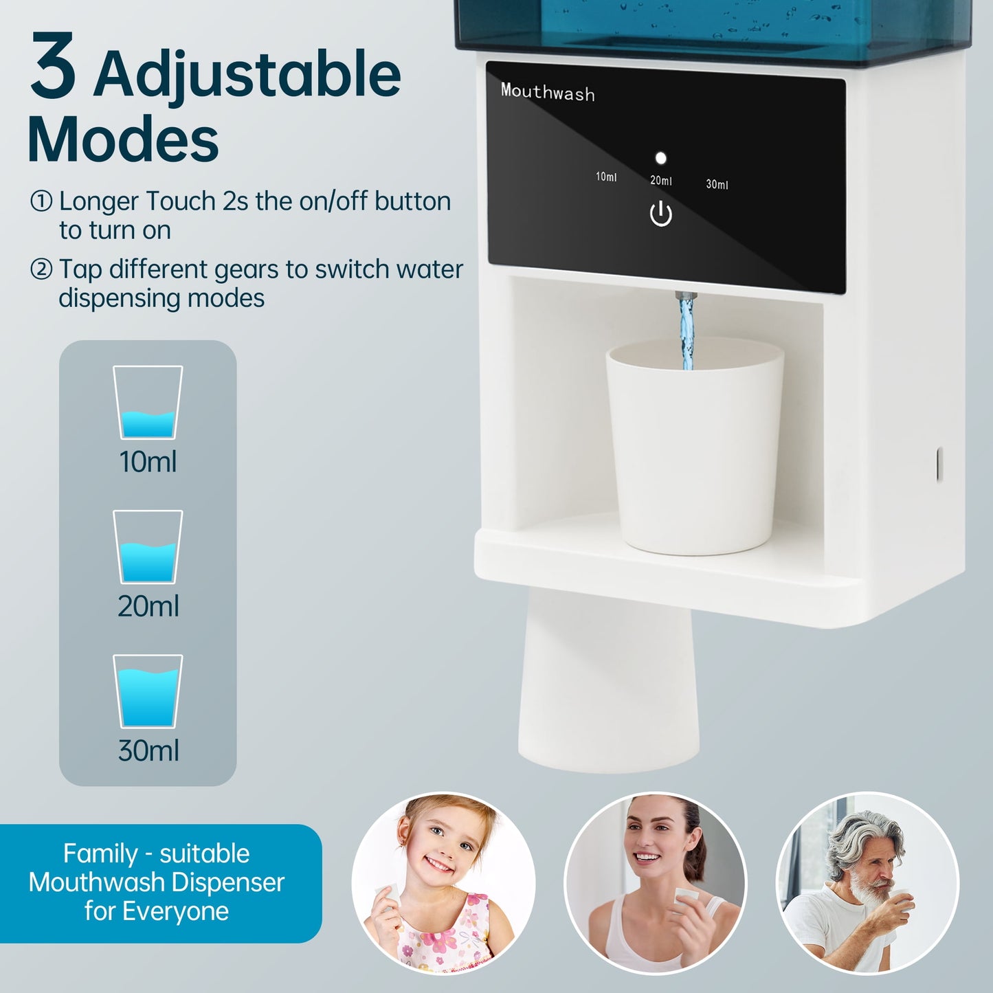 Sentryse 20oz Automatic Mouthwash Dispenser, 3 Dispensing Levels, Electric Mouth Wash Dispenser for Bathroom, 2 Magnetic Cups, Wall-Mounted＆Countertop Use