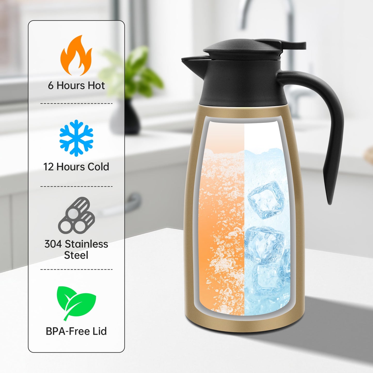 68oz Thermal Coffee Carafe, Stainless Steel Vacuum Insulated Coffee Thermos for Hot and Cold Beverage (Gold）