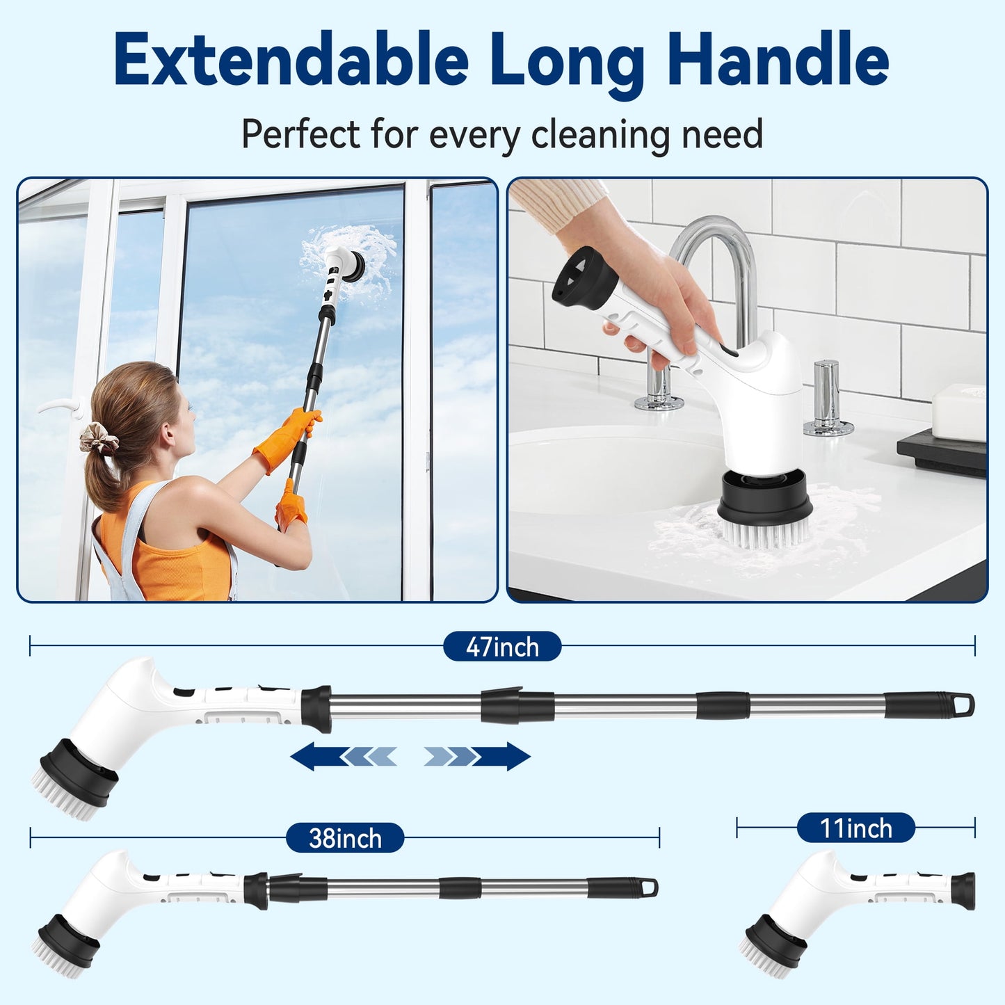 Lightweight Electric Spin Scrubber, Adjustable Handle, 3 Speed Mode Power Electric Scrubber for Cleaning, Cordless Shower Cleaning Brush with 8 Brush Heads for Bathroom, Tub, Floor, Tile (White)