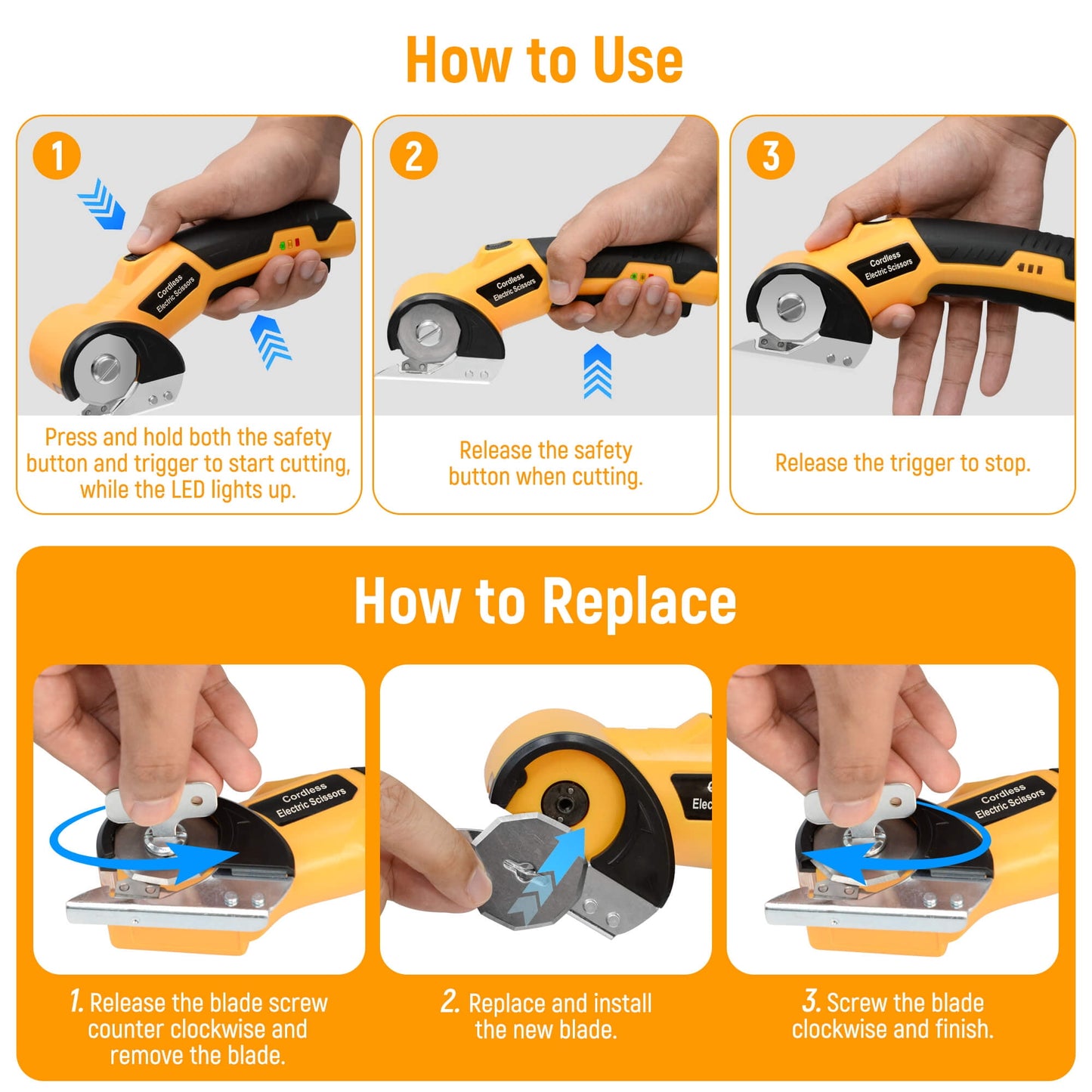 Cordless Electric Scissors, 4V Rechargeable Cardboard Cutter with LED Light ＆ Replacement Blade, Rotary Cutter with Safety Lock for Fabric Carpet Leather Plastic Cutting (Yellow)
