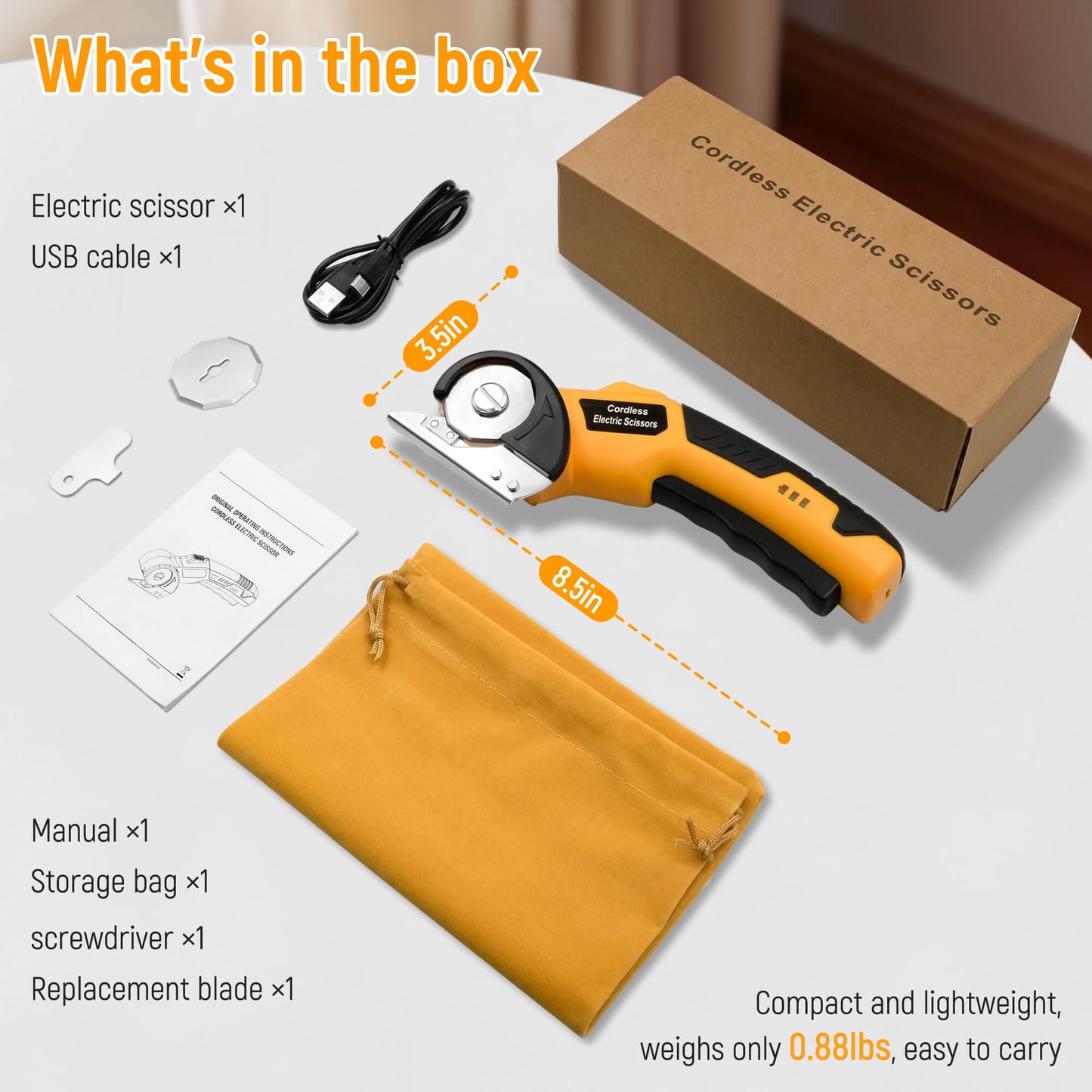 Cordless Electric Scissors, 4V Rechargeable Cardboard Cutter with LED Light ＆ Replacement Blade, Rotary Cutter with Safety Lock for Fabric Carpet Leather Plastic Cutting (Yellow)