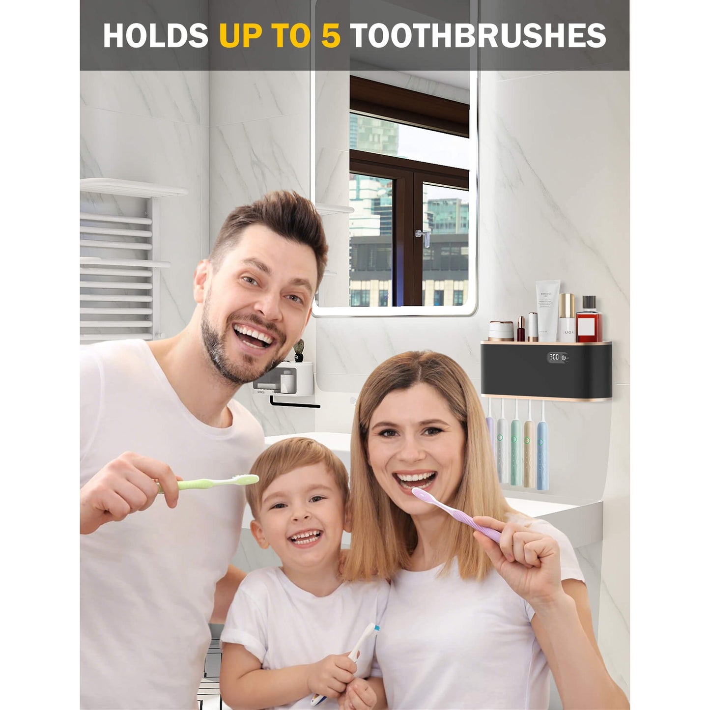 Sentryse Toothbrush Holders, UV Toothbrush Sanitizer and Holder, 5 Cups Electric Tooth Brush Holder Wall Mounted, Black