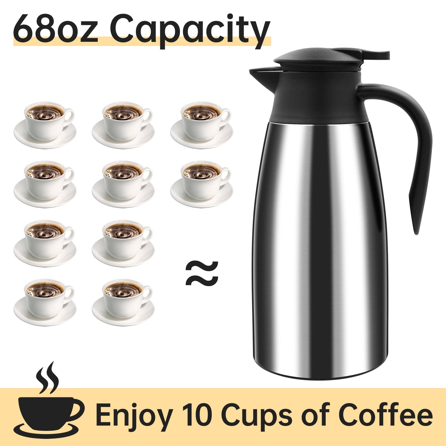 68oz Thermal Coffee Carafe, Stainless Steel Vacuum Insulated Coffee Thermos for Hot and Cold Beverage (Silver）