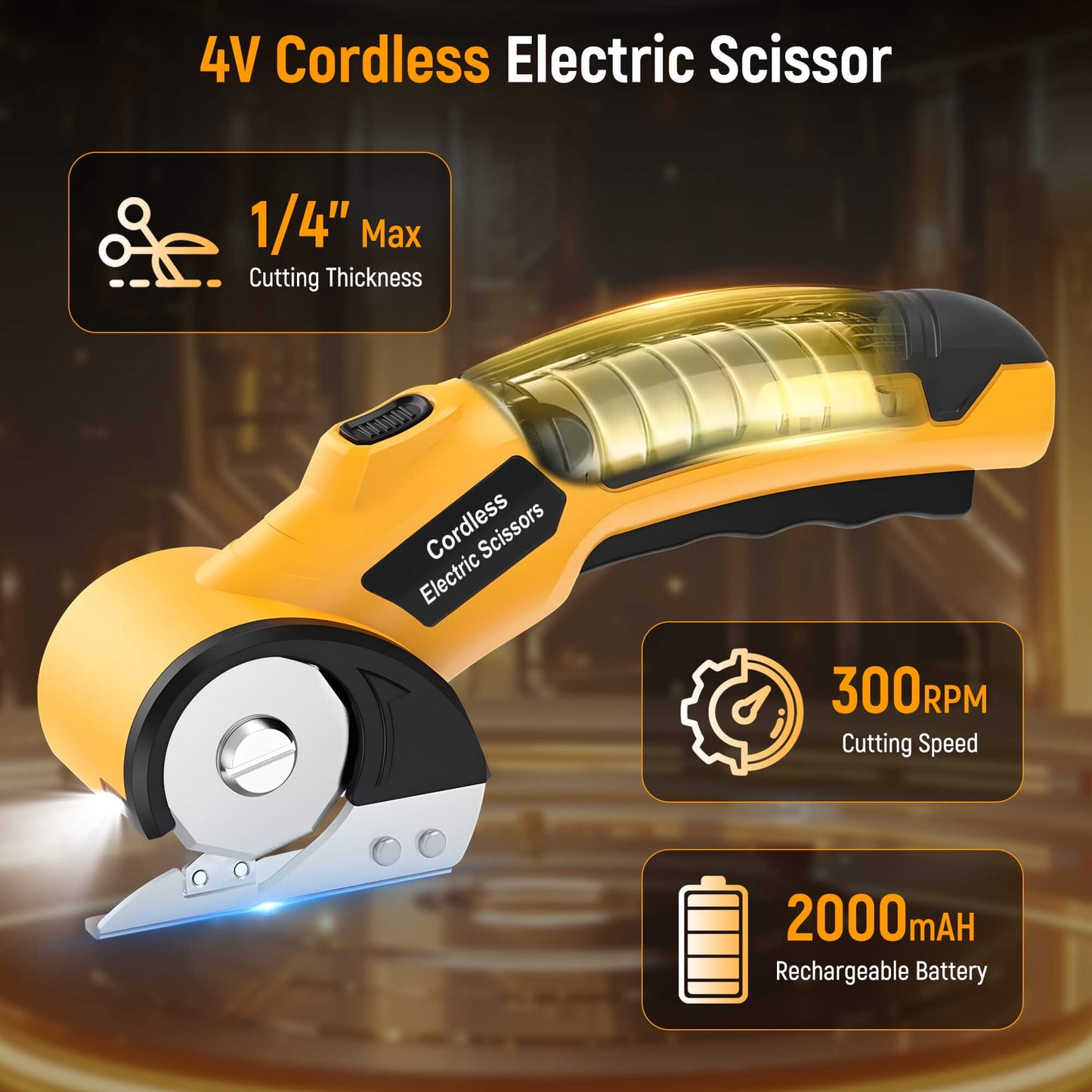 Cordless Electric Scissors, 4V Rechargeable Cardboard Cutter with LED Light ＆ Replacement Blade, Rotary Cutter with Safety Lock for Fabric Carpet Leather Plastic Cutting (Yellow)