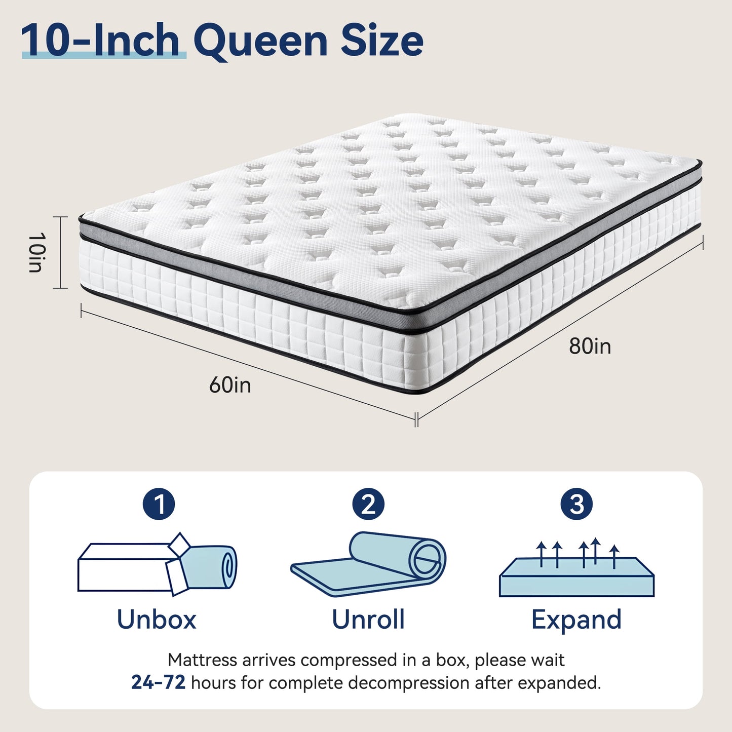 10" Queen Mattress, Euro Top Foam & Pocket Spring Hybrid Mattress in a Box, Plush Comfort, Pressure Relief and Motion Isolation