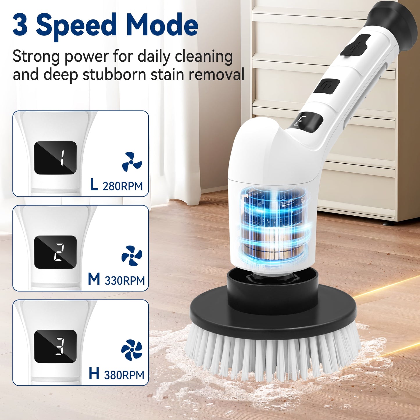 Lightweight Electric Spin Scrubber, Adjustable Handle, 3 Speed Mode Power Electric Scrubber for Cleaning, Cordless Shower Cleaning Brush with 8 Brush Heads for Bathroom, Tub, Floor, Tile (White)