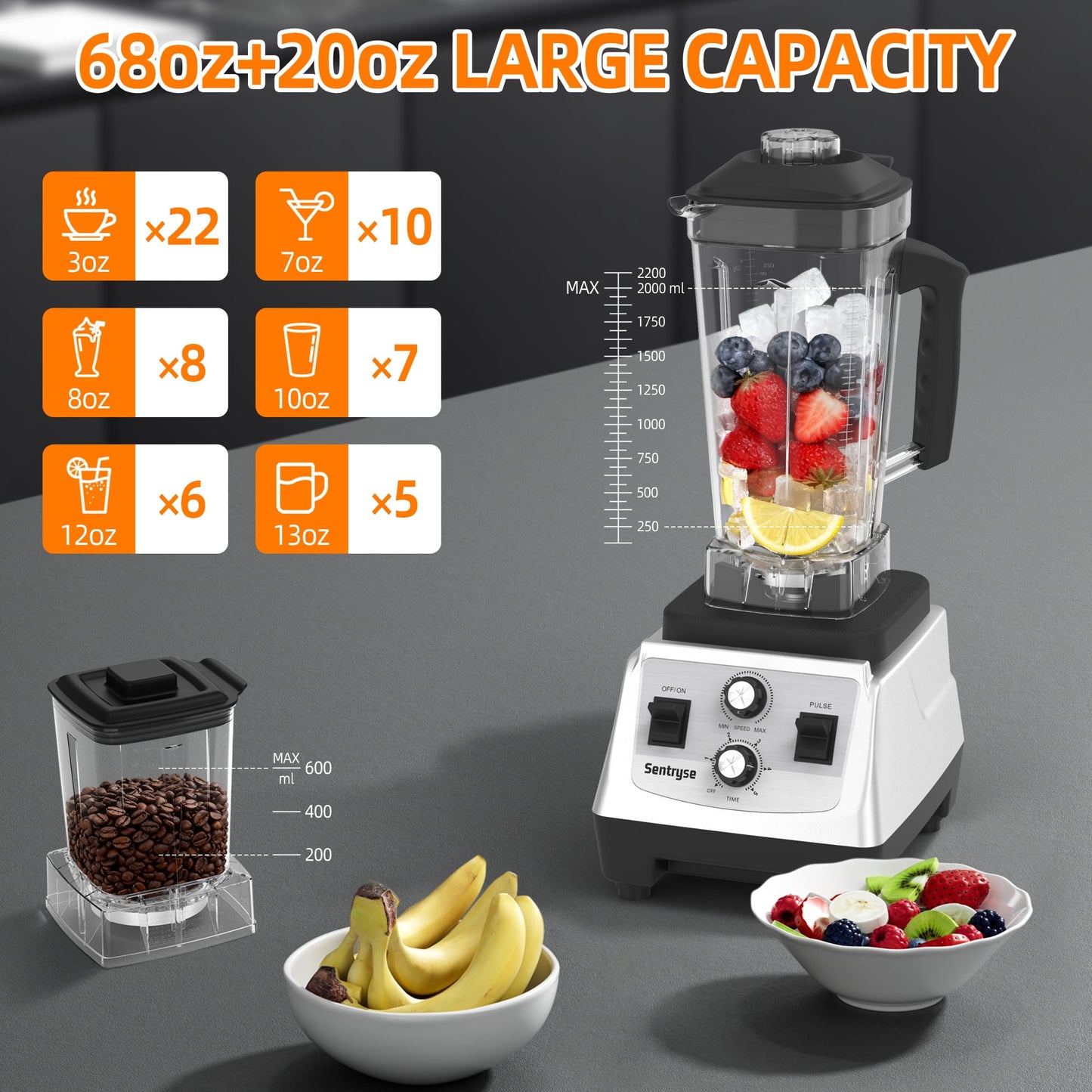 68oz+20oz Smoothie Blender and Grinder Combo, Countertop Blenders for Kitchen, 1800 Watt High Speed Blender for Smoothies, Ice Crushing, Fresh Juice, Frozen Drinks, Puree