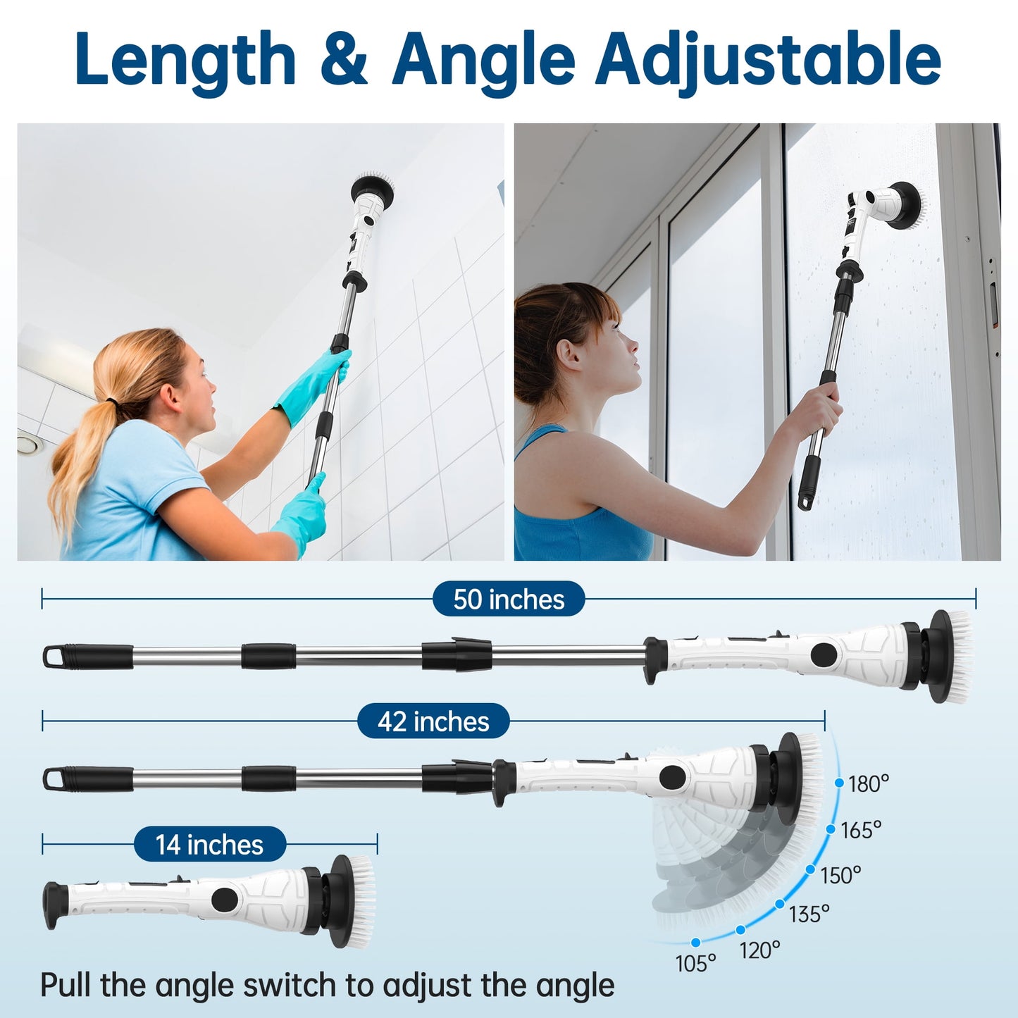 Electric Spin Scrubber, Adjustable Angle ＆ Extension Handle, 3 Speed Mode Power Electric Scrubber for Cleaning, Cordless Shower Cleaning Brush with 8 Brush Heads for Bathroom/Tub/Floor/Tile