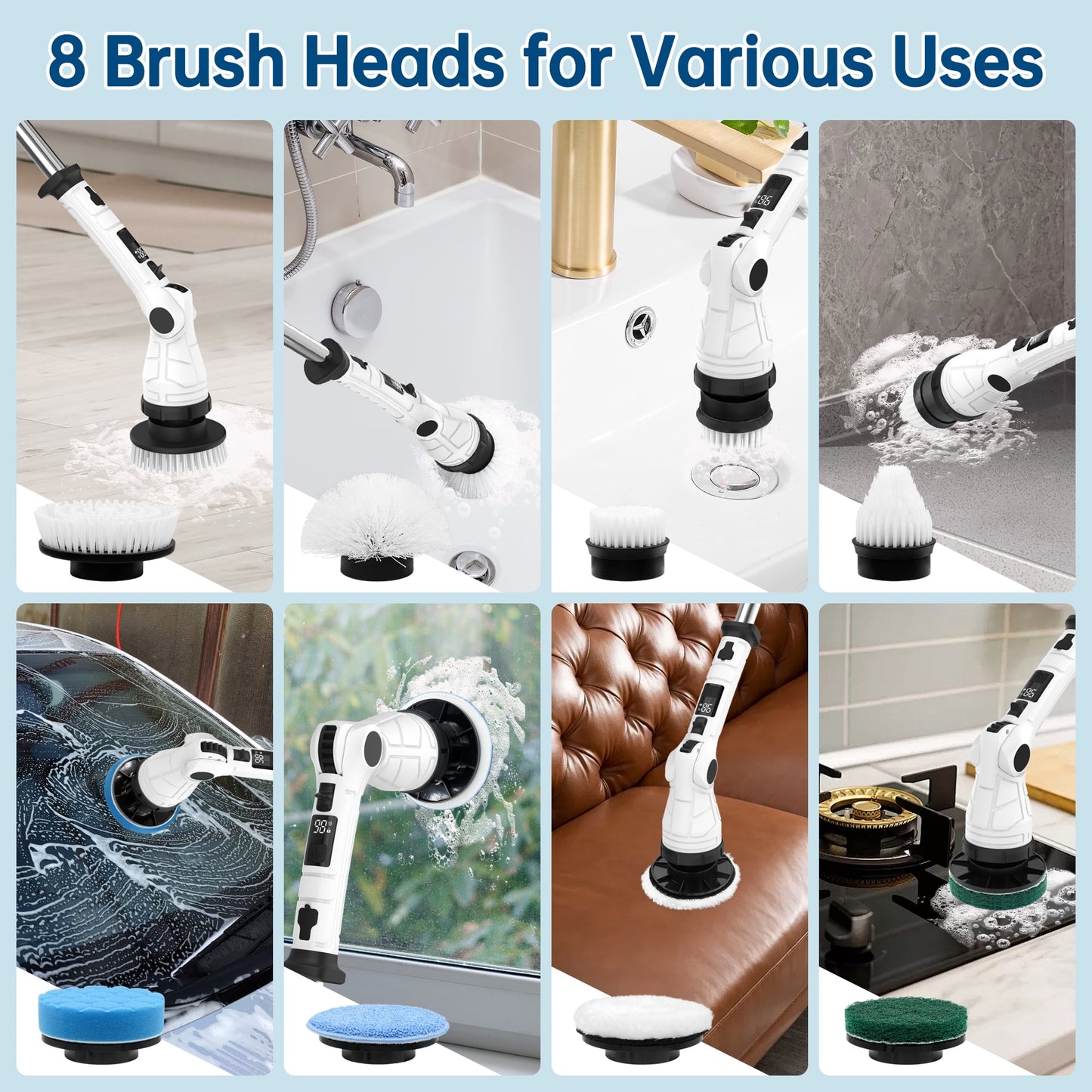 Electric Spin Scrubber, Adjustable Angle ＆ Extension Handle, 3 Speed Mode Power Electric Scrubber for Cleaning, Cordless Shower Cleaning Brush with 8 Brush Heads for Bathroom/Tub/Floor/Tile