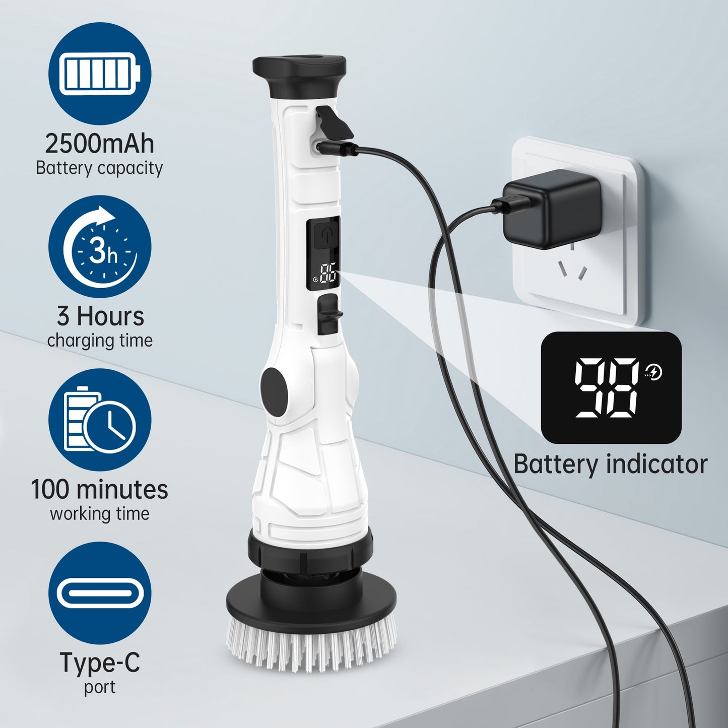 Electric Spin Scrubber, Adjustable Angle ＆ Extension Handle, 3 Speed Mode Power Electric Scrubber for Cleaning, Cordless Shower Cleaning Brush with 8 Brush Heads for Bathroom/Tub/Floor/Tile