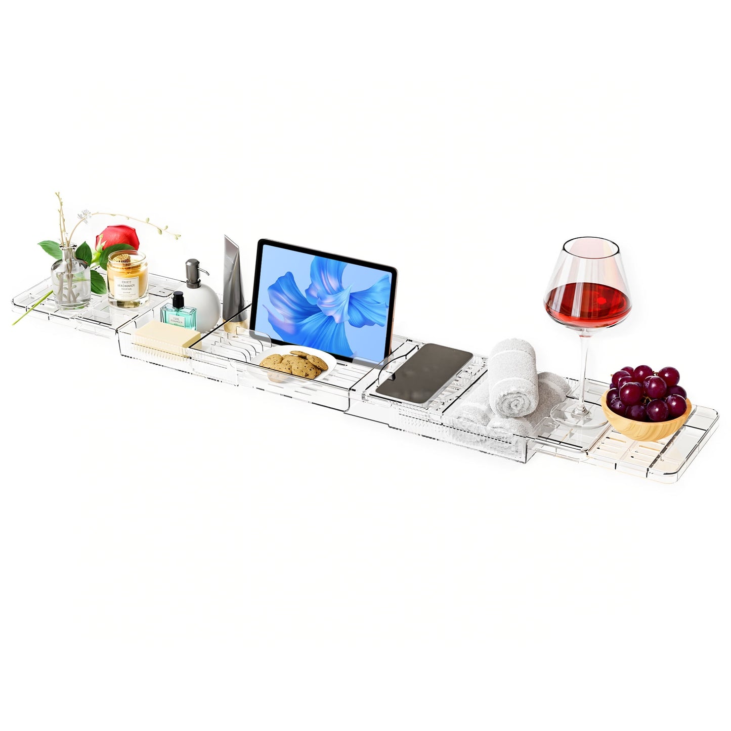 Expandable Acrylic Bath Caddy, Bath Shelf for Bathtubs, Bath Tray with Tablet Holder & Wine Glass Slot - Perfect for Luxury Bathroom Spa Experience