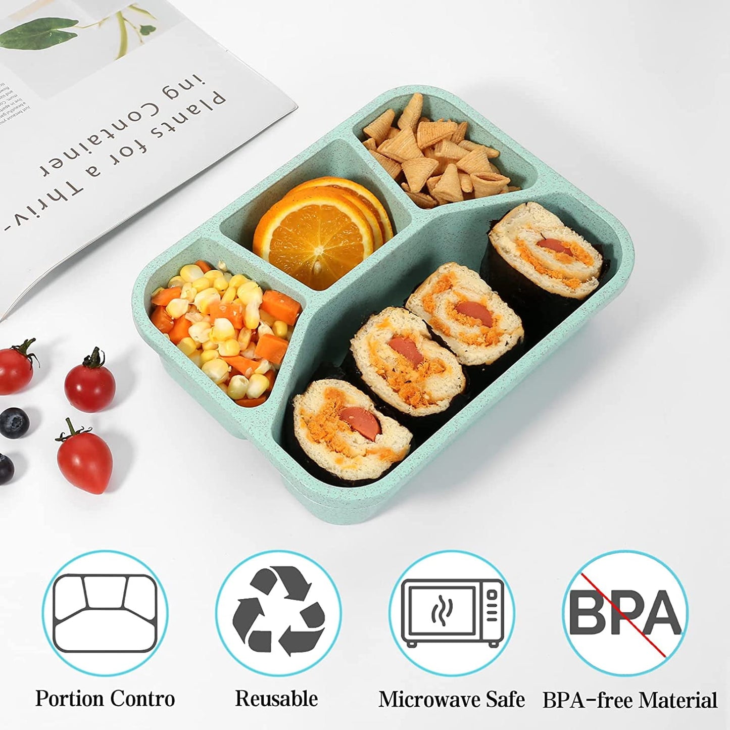 Bento Lunch Boxes, 4Pcs Reusable Bento Box with 4-Compartment for Meal Prep,Snack Containers with Lid, Microwave Dishwasher Safe (4-Color)