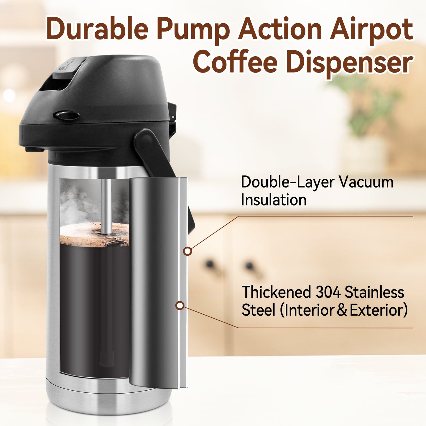 65oz Thermal Airpot Carafe with Pump, Stainless Steel Vacuum Insulated Coffee Dispenser for Hot and Cold Beverage (Silver）