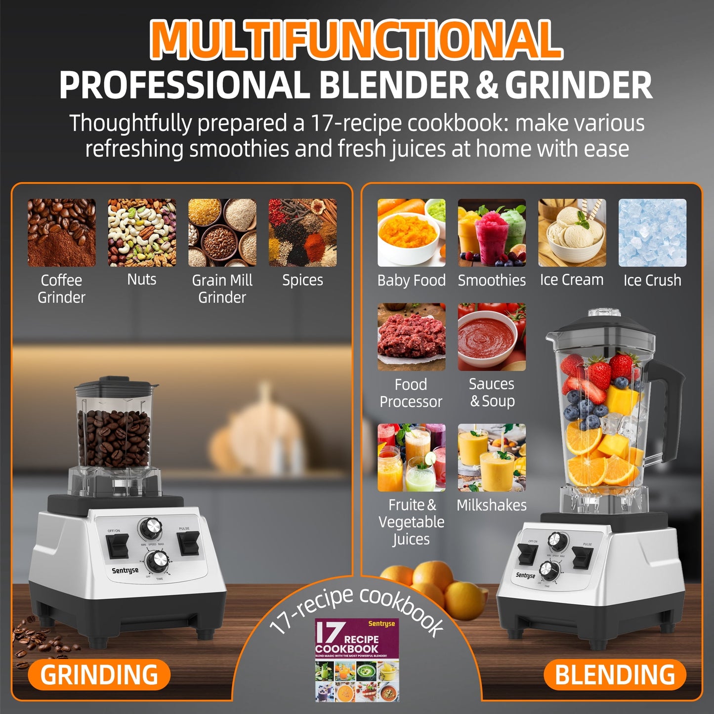 68oz+20oz Smoothie Blender and Grinder Combo, Countertop Blenders for Kitchen, 1800 Watt High Speed Blender for Smoothies, Ice Crushing, Fresh Juice, Frozen Drinks, Puree