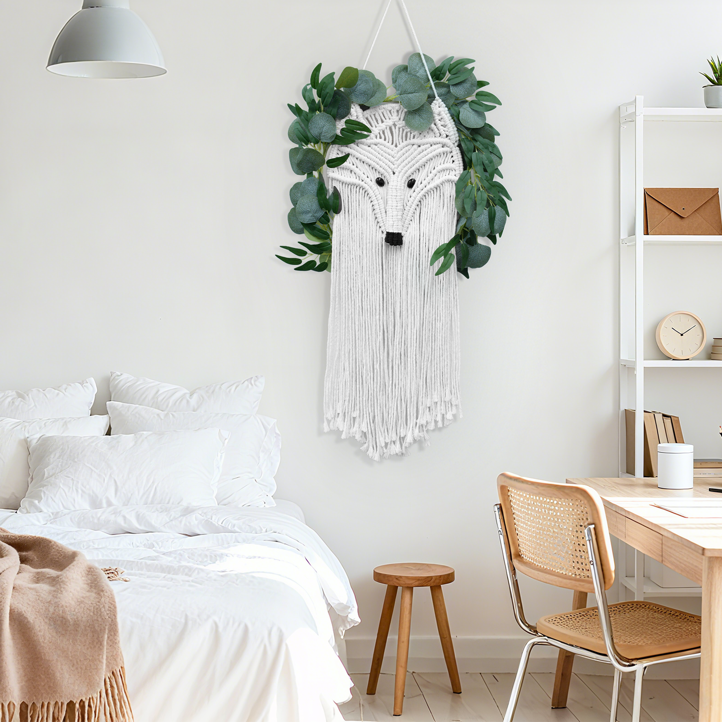 Bohemian Macrame Fox Wall Hanging - 100% Cotton Hand-Woven Tapestry with Leaf Accents, Perfect for Bedroom, Living Room, Hallway & Gallery Decor, 31×15 Inch, White