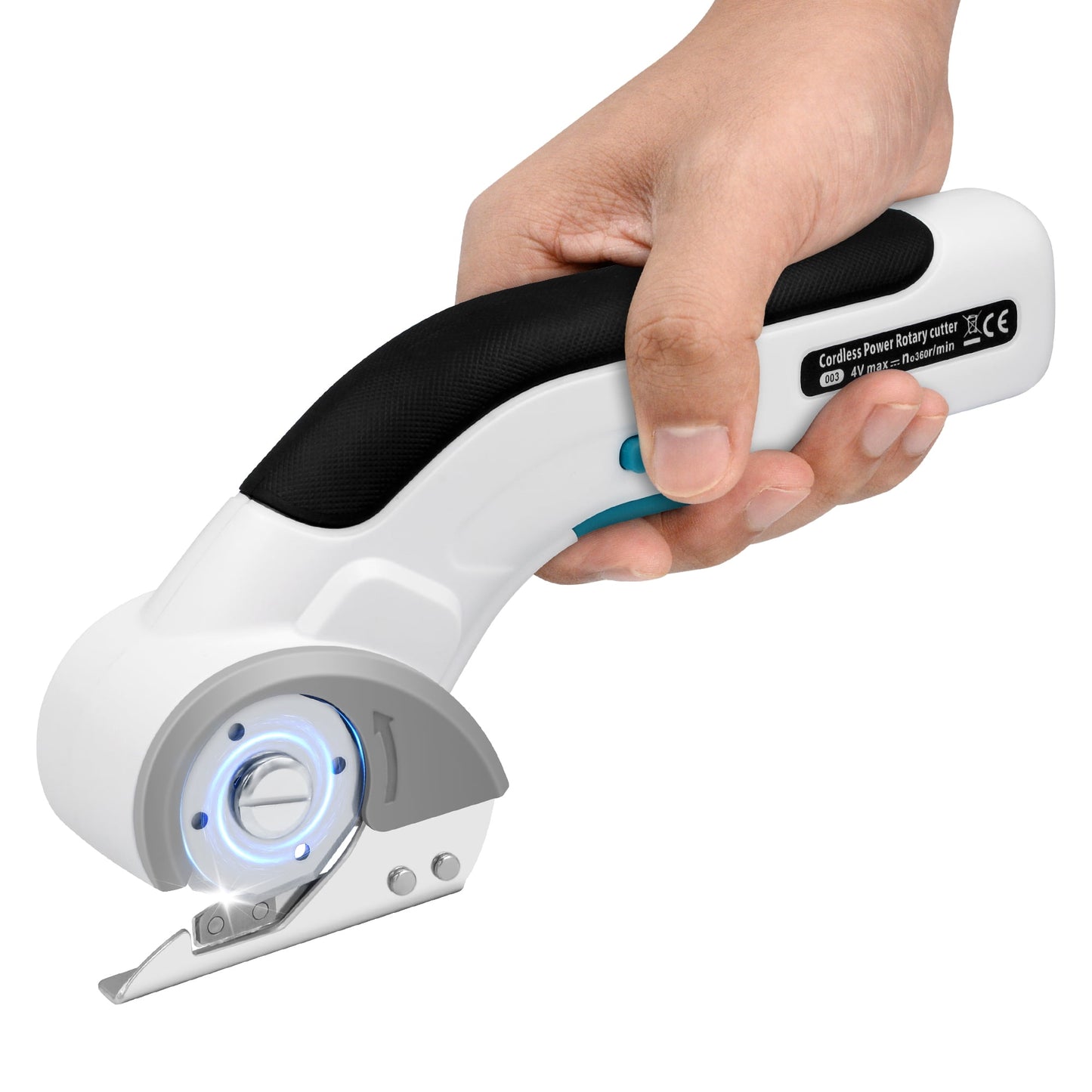 Tidymend Cordless Electric Scissors, 4V Rechargeable Cardboard Cutter with Tungsten Steel Replacement Blade, Rotary Cutter with Safety Lock for Fabric Carpet Leather Plastic Cutting (White)