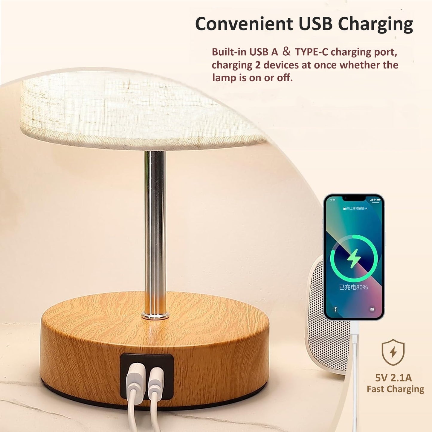 2-Piece Set Touch Table Lamp with USB Charging Station, 3 Way Dimmable Bedside Table Lamp, Wood Base, Round Linen Shade Desk Lamp for Bedroom Nightstand, Dorm, Living Room, Office (110-120V AC)
