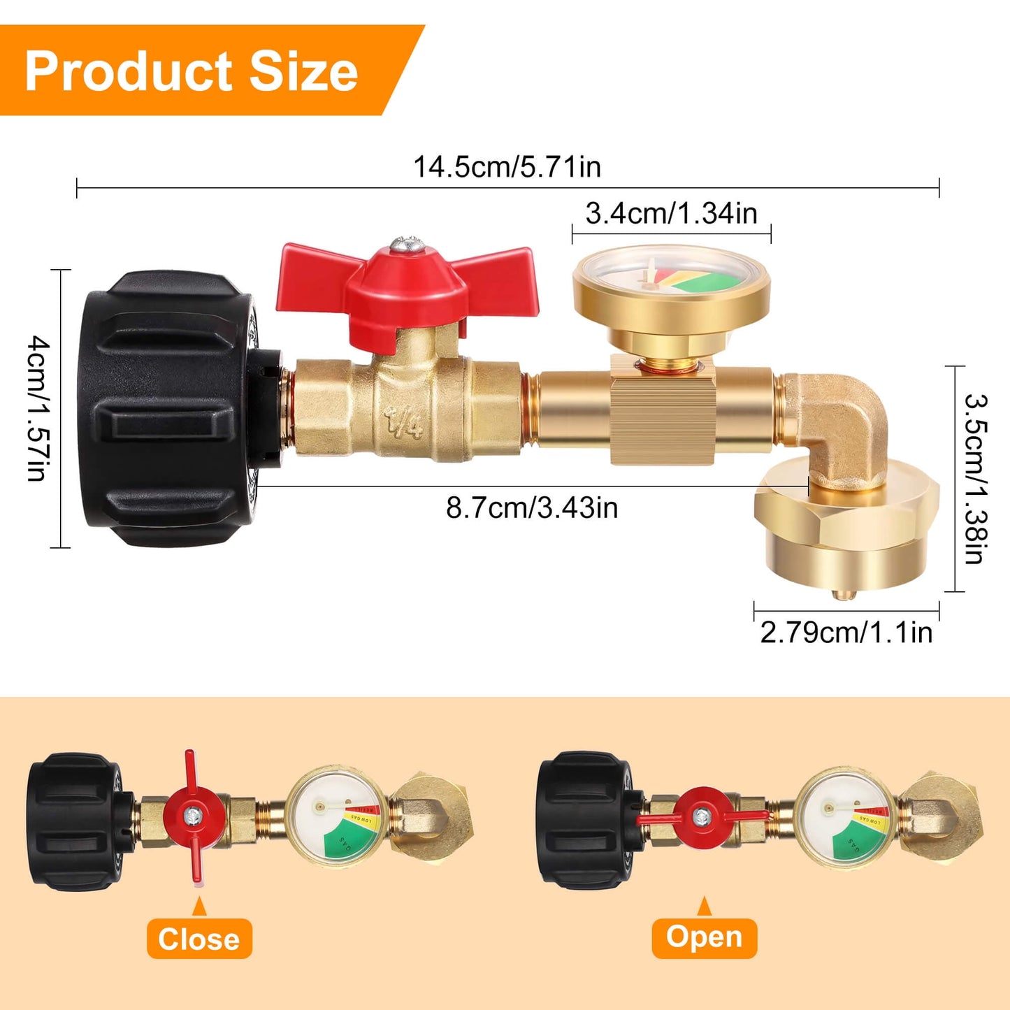 Sentryse Propane Refill Adapter with Valve and Gauge, Fill 1 lb Bottles from 20 lb Tank, Solid Brass