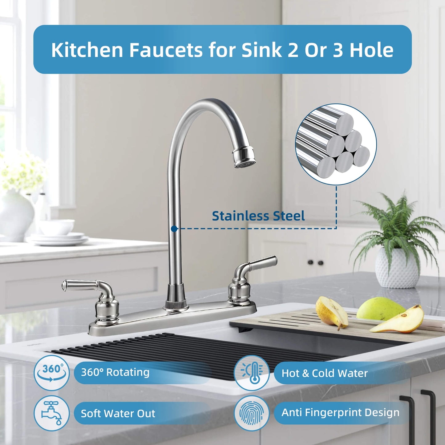Sentryse 2 Handle Kitchen Sink Faucet, High Arc 360 Swivel Stainless Steel Pipe 3 Hole Kitchen Faucet for RV Laundry Farmhouse Bar Sink, Silver