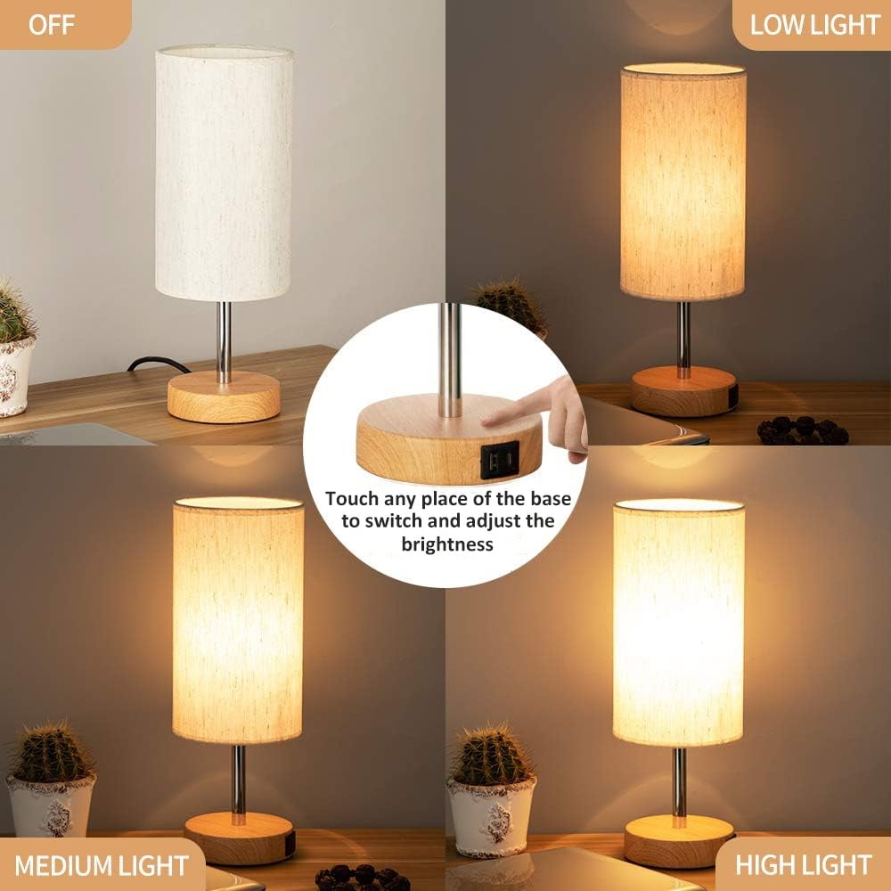 2-Piece Set Touch Table Lamp with USB Charging Station, 3 Way Dimmable Bedside Table Lamp, Wood Base, Round Linen Shade Desk Lamp for Bedroom Nightstand, Dorm, Living Room, Office (110-120V AC)