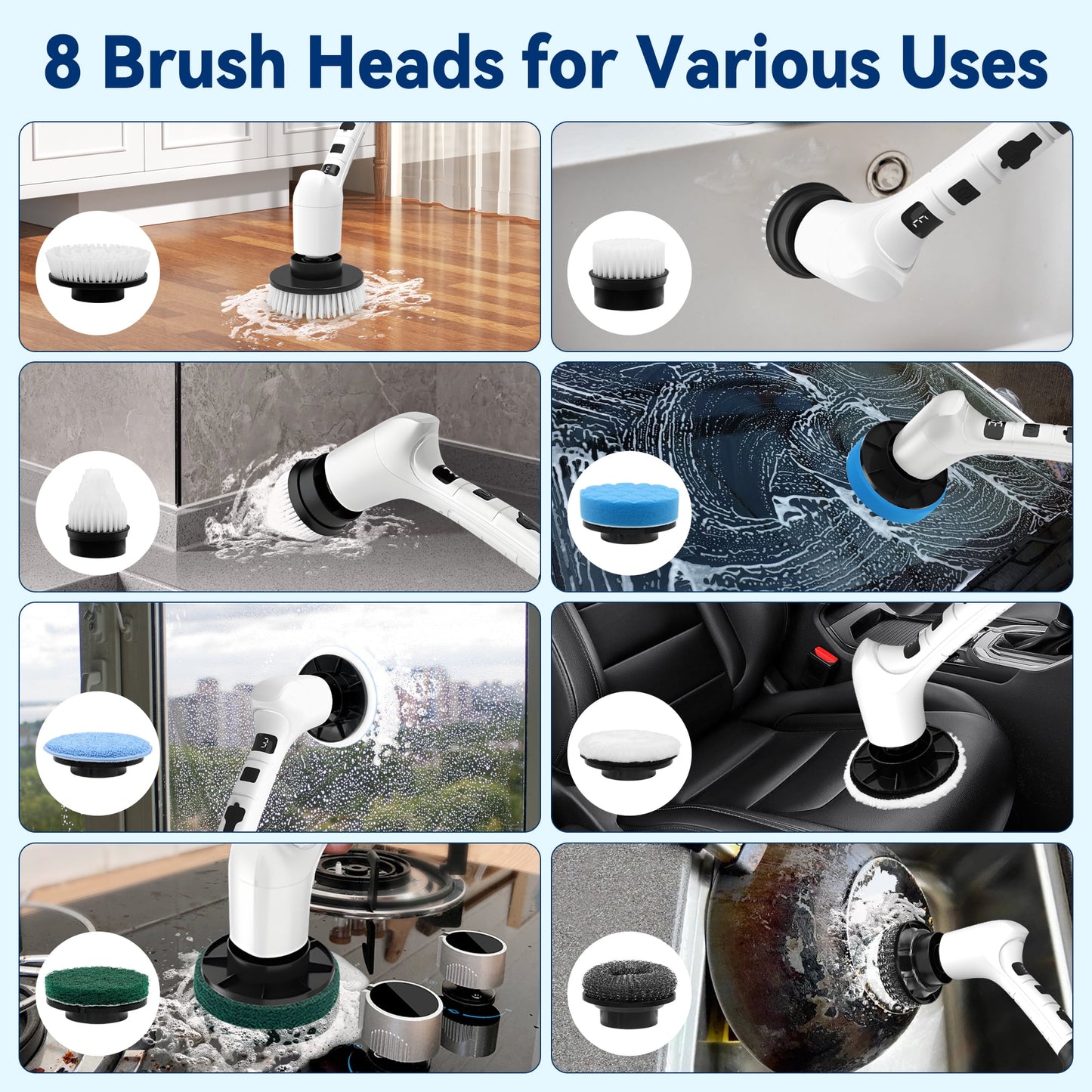 Lightweight Electric Spin Scrubber, Adjustable Handle, 3 Speed Mode Power Electric Scrubber for Cleaning, Cordless Shower Cleaning Brush with 8 Brush Heads for Bathroom, Tub, Floor, Tile (White)