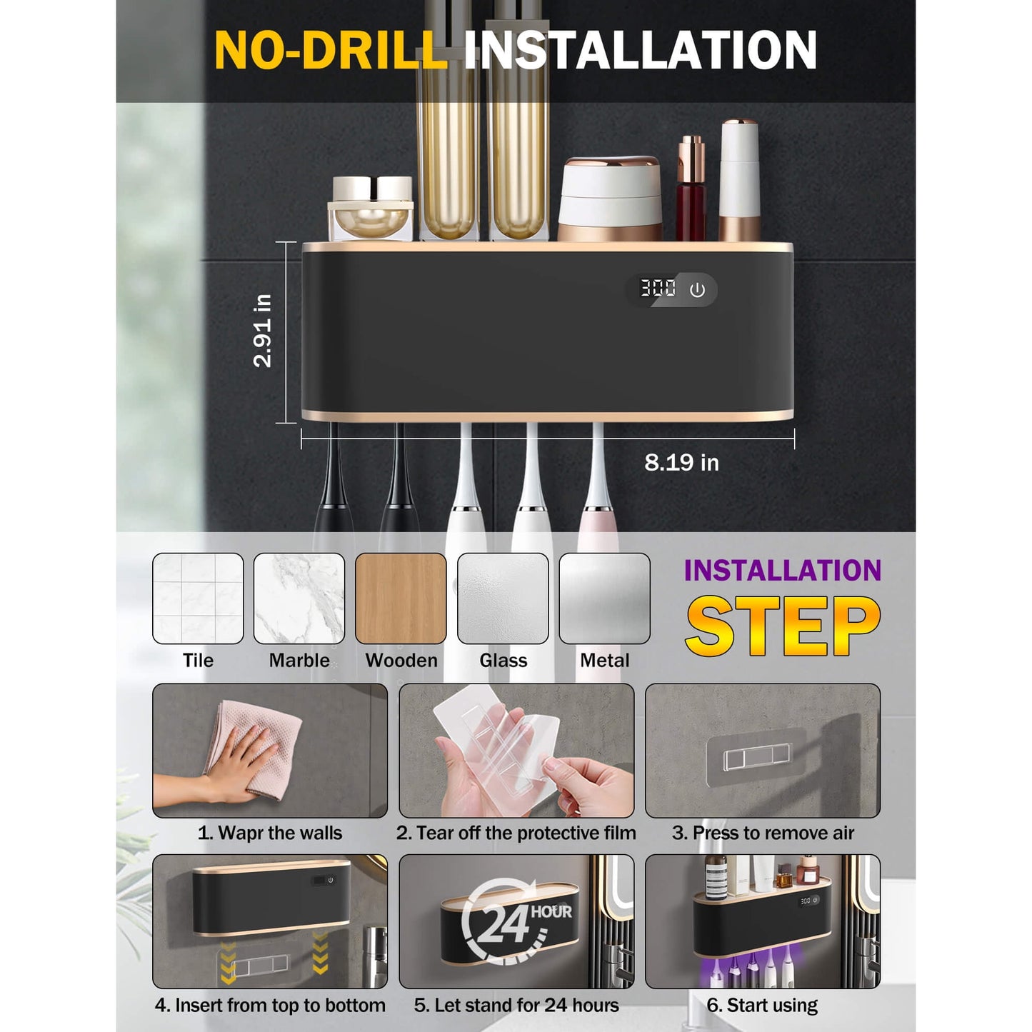 Sentryse Toothbrush Holders, UV Toothbrush Sanitizer and Holder, 5 Cups Electric Tooth Brush Holder Wall Mounted, Black