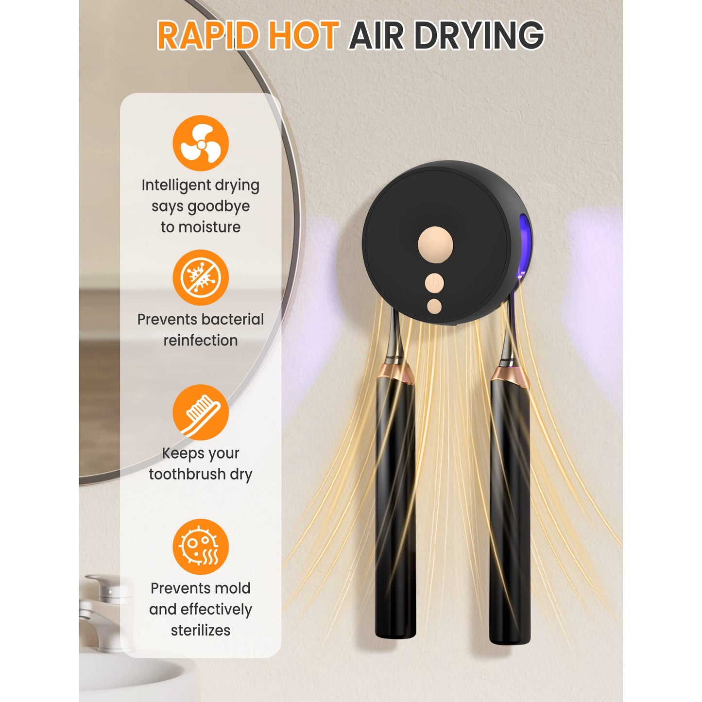 Sentryse Toothbrush Holder, Electric UV Toothbrush Cleaner, 2 Cups Tooth Brush Holder Wall Mounted Bathroom Decor, Black