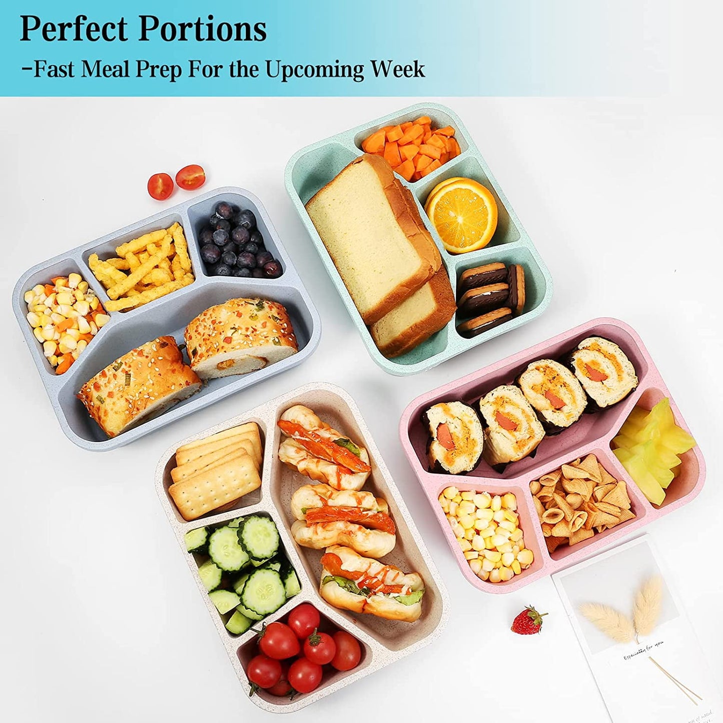 Bento Lunch Boxes, 4Pcs Reusable Bento Box with 4-Compartment for Meal Prep,Snack Containers with Lid, Microwave Dishwasher Safe (4-Color)