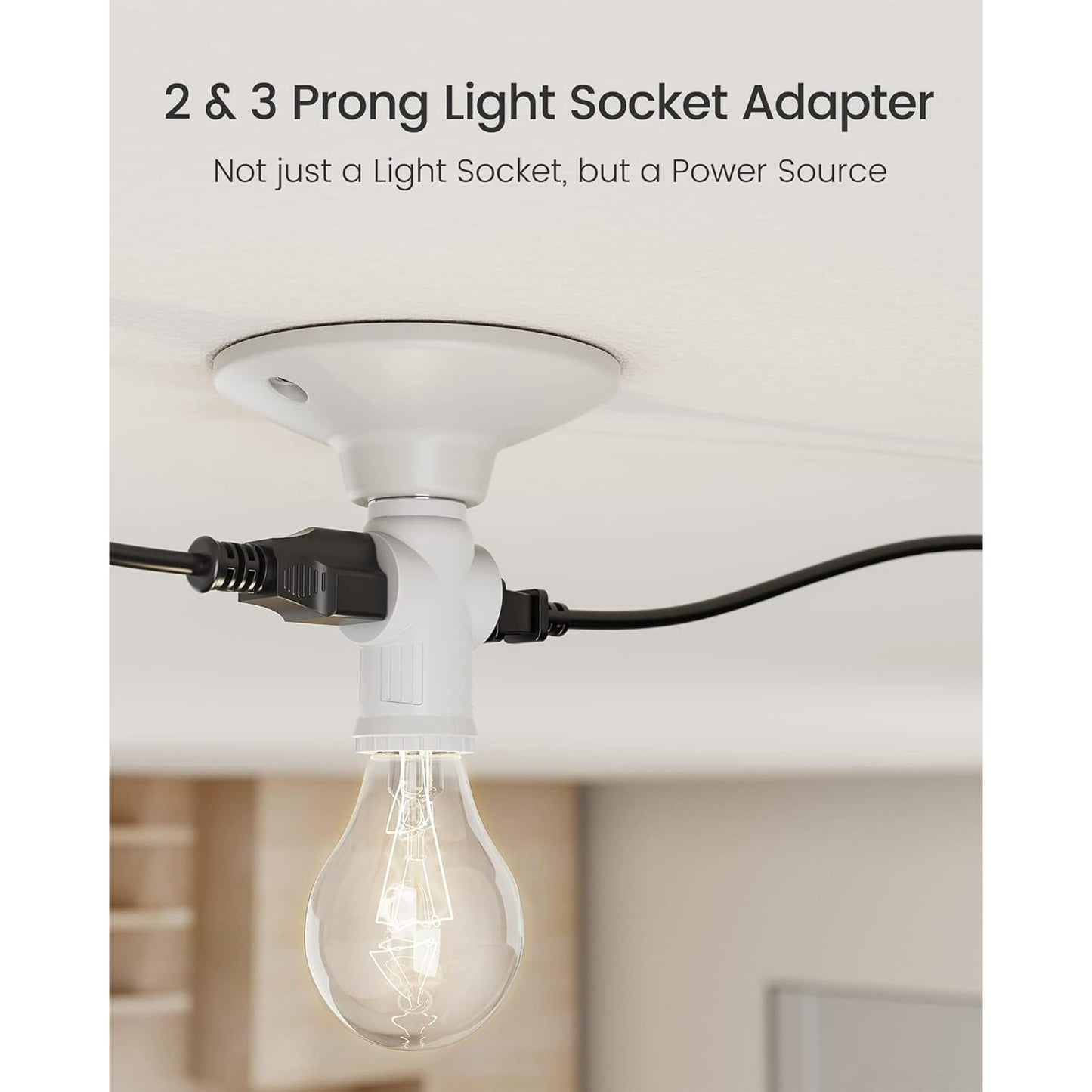 Sentryse 3 Prong E26 Light Socket to Plug Adapter, Heat Resistant Light Socket 2/3 Prong Outlet Light Bulb Plug Splitter Converter for Garage Porch, 2 Pack