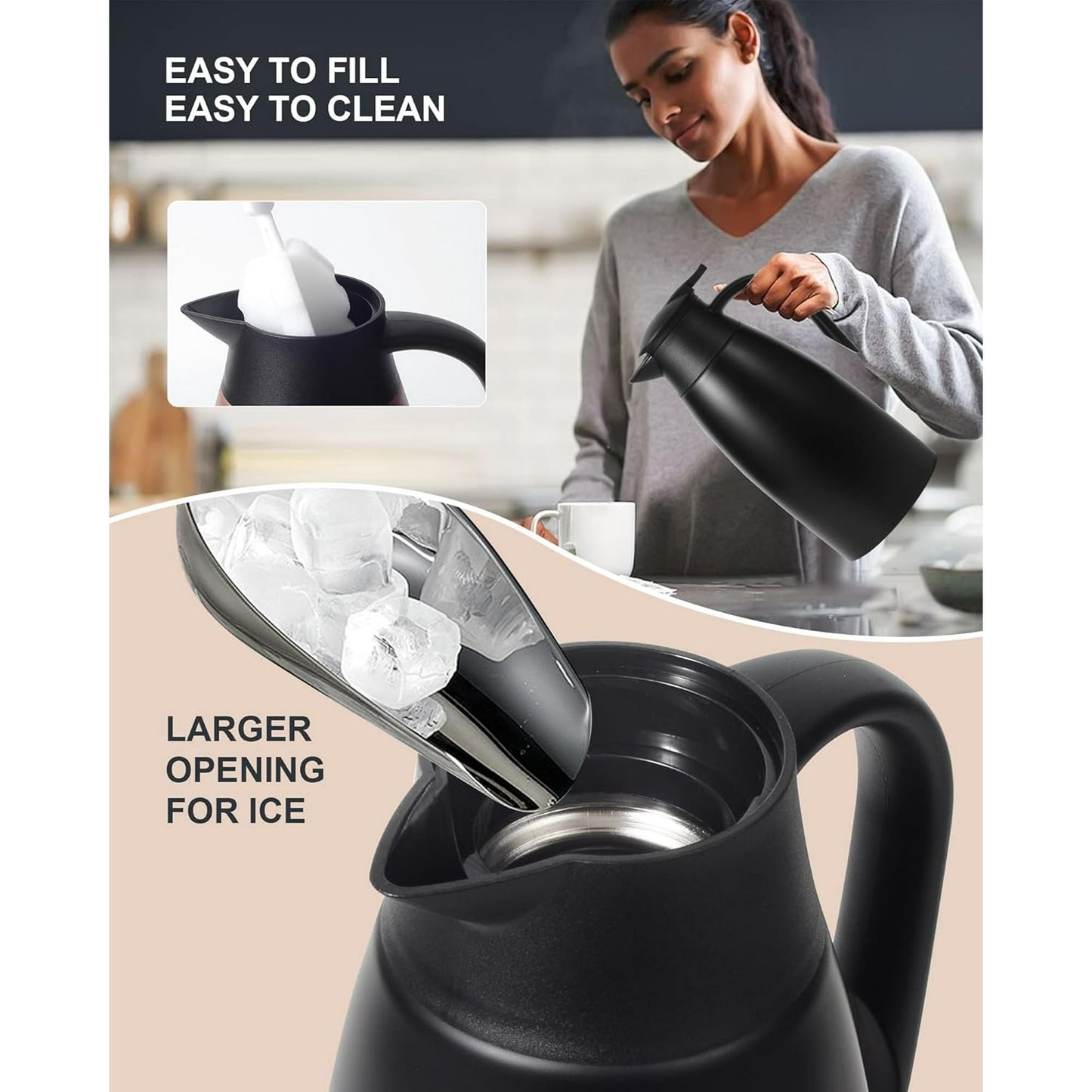 68oz Thermal Coffee Carafe, Stainless Steel Vacuum Insulated Coffee Thermos for Hot and Cold Beverage (Black)