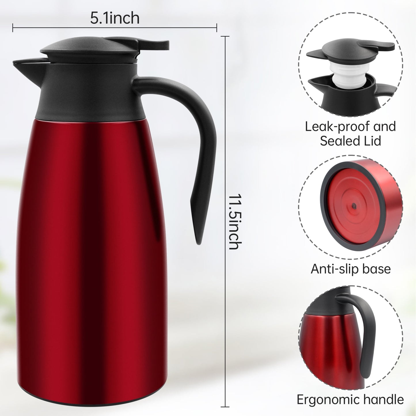 68oz Thermal Coffee Carafe, Stainless Steel Vacuum Insulated Coffee Thermos for Hot and Cold Beverage (Red）