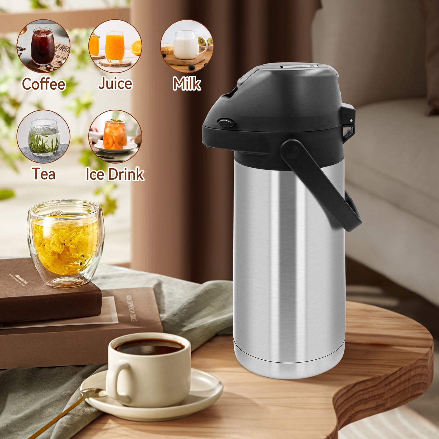 65oz Thermal Airpot Carafe with Pump, Stainless Steel Vacuum Insulated Coffee Dispenser for Hot and Cold Beverage (Silver）