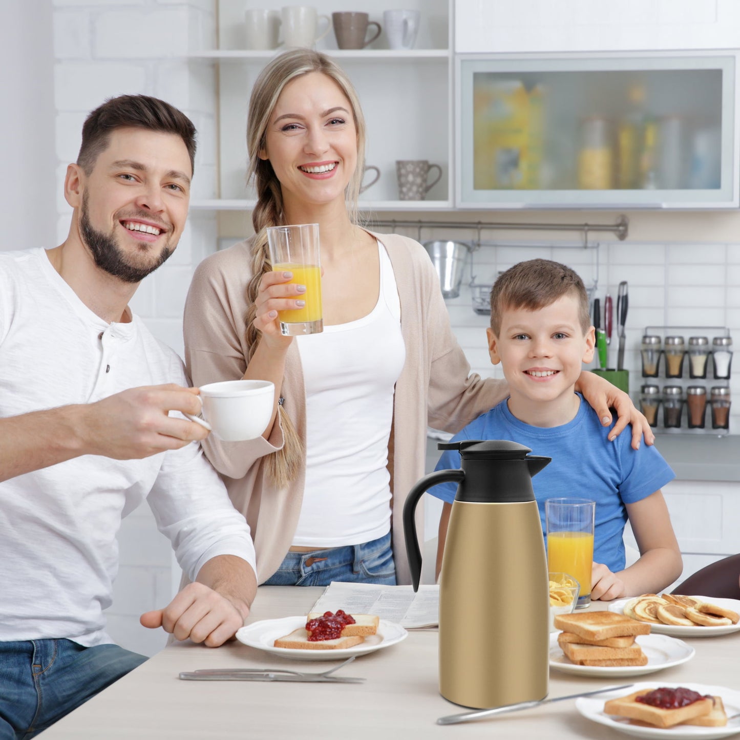 68oz Thermal Coffee Carafe, Stainless Steel Vacuum Insulated Coffee Thermos for Hot and Cold Beverage (Gold）