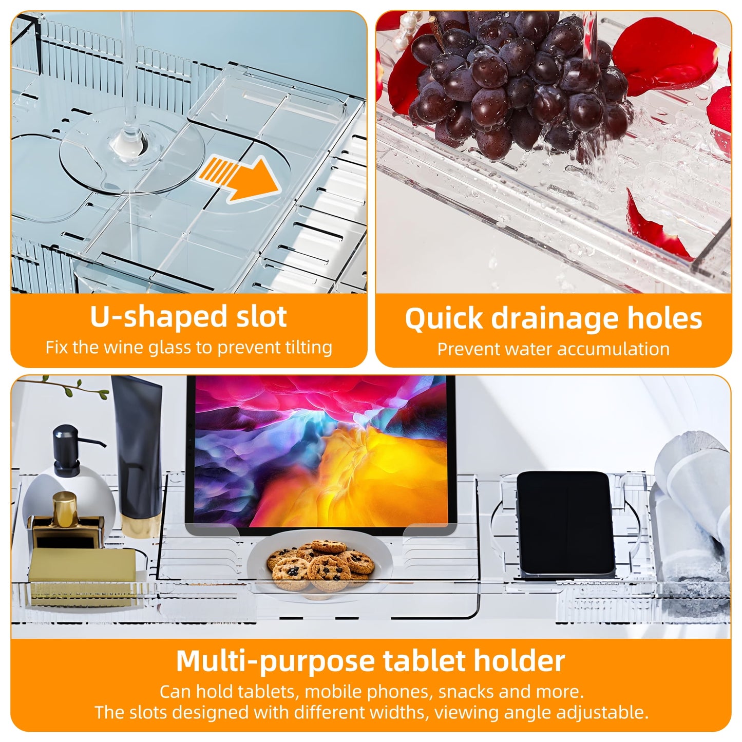 Expandable Acrylic Bath Caddy, Bath Shelf for Bathtubs, Bath Tray with Tablet Holder & Wine Glass Slot - Perfect for Luxury Bathroom Spa Experience