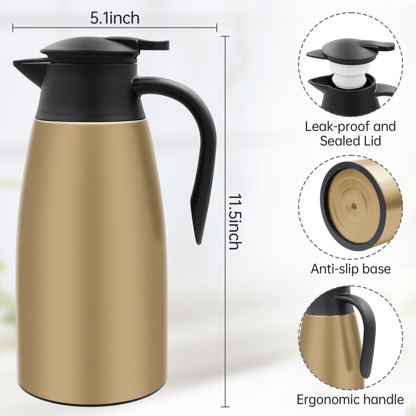 68oz Thermal Coffee Carafe, Stainless Steel Vacuum Insulated Coffee Thermos for Hot and Cold Beverage (Gold）