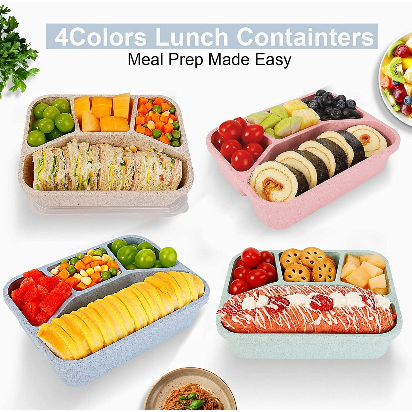 Bento Lunch Boxes, 4Pcs Reusable Bento Box with 4-Compartment for Meal Prep,Snack Containers with Lid, Microwave Dishwasher Safe (4-Color)