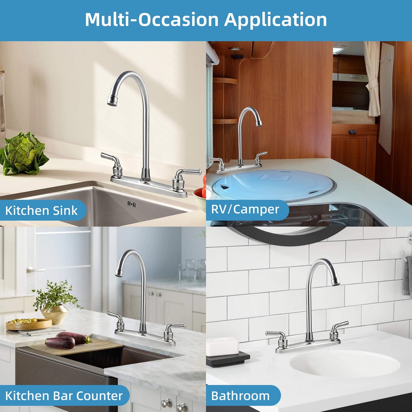 Sentryse 2 Handle Kitchen Sink Faucet, High Arc 360 Swivel Stainless Steel Pipe 3 Hole Kitchen Faucet for RV Laundry Farmhouse Bar Sink, Silver