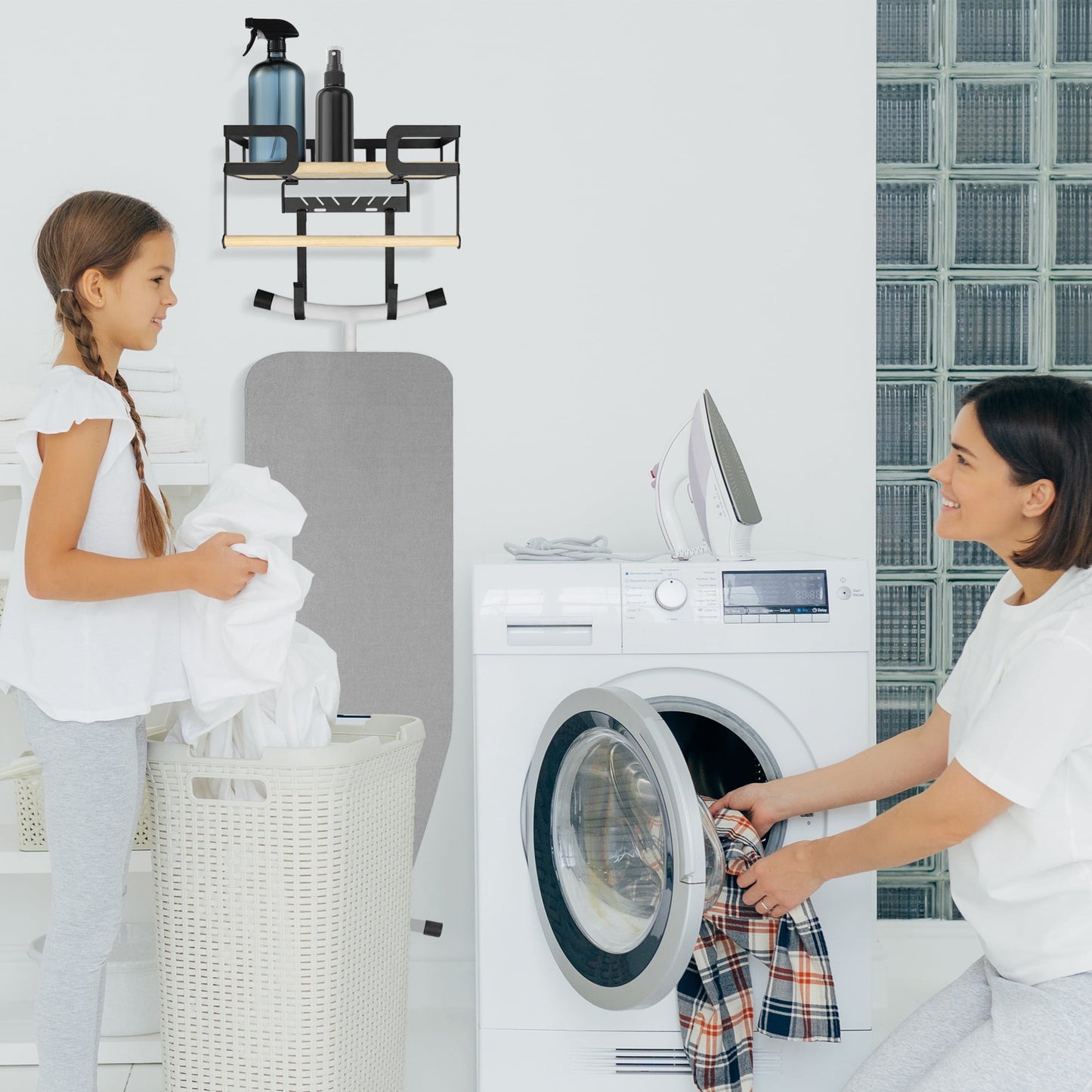 Sentryse Ironing Board Hanger, Metal Wall Mount Iron and Ironing Board Holder with Storage Shelf for Laundry Room, Black